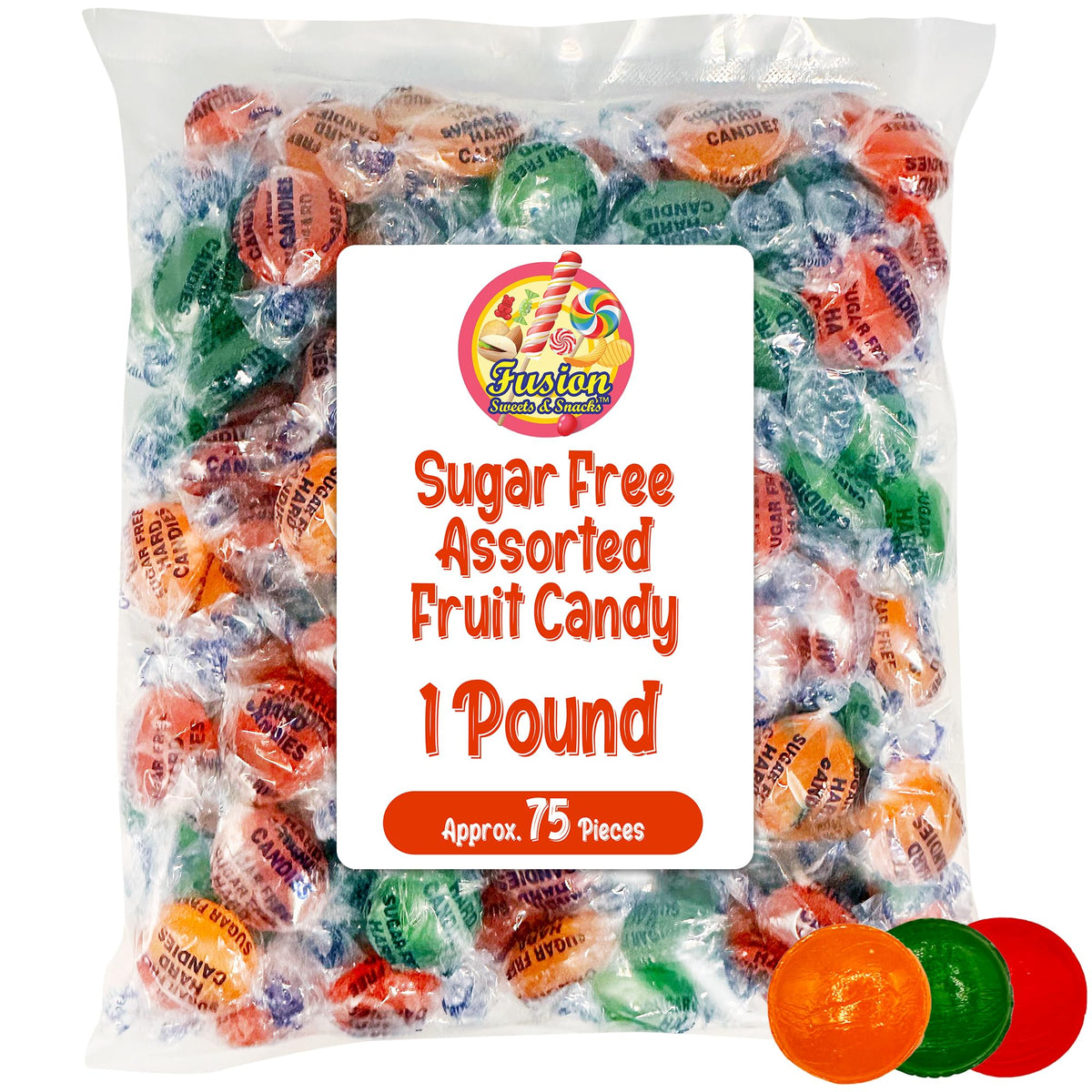 Arcor Sugar  Free Assorted  Fruit  Flavor Hard Candy  - 1  lb Bulk Bag (Approx 75 Count) - Cherry, Lime, Orange Individually Wra