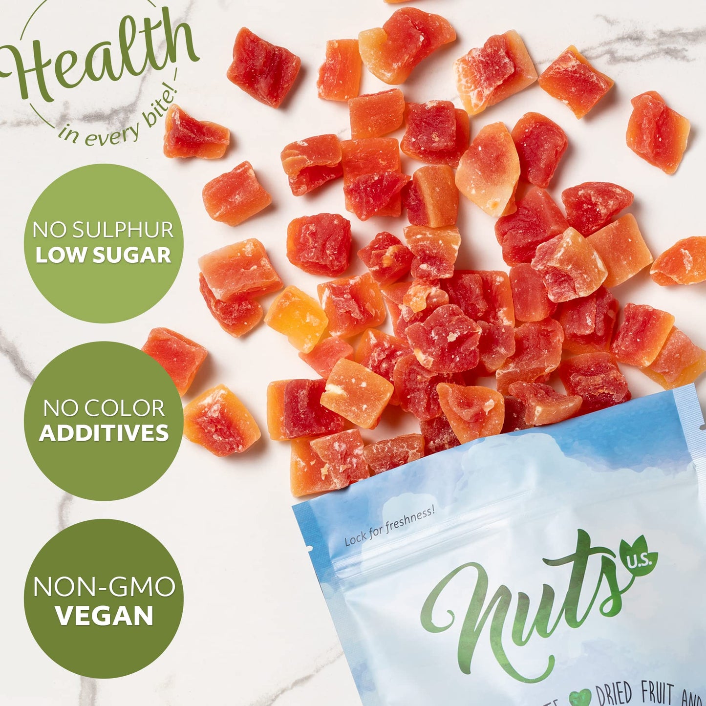 Nuts U.S. - Unsulphured Dried Papaya Chunks | Low Sugar | No Color Added | Non-Gmo And Gluten Free | Vegan Snacks | Packed In A Resealable Bag!!! (1 Lb)