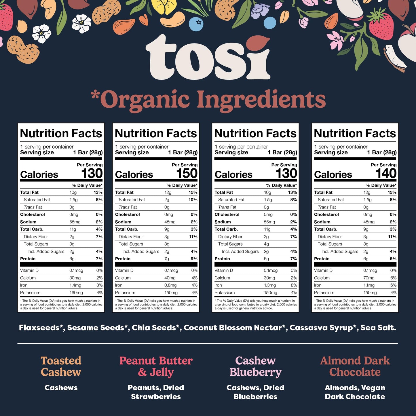 Tosi Variety Pack Protein Bars, Plant Based with Nuts, Gluten-Free Crunchy Snacks, Vegan, Organic, Flax & Chia Seeds, Soy-Free,