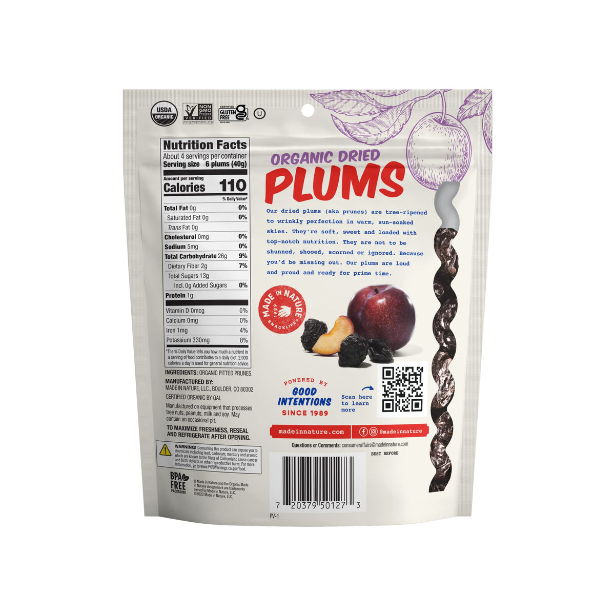 Made In Nature Organic Dried Plums, 6 Ounce (Pack of 6) - Vegan Snack, Non-GMO, Unsulfured, Gluten Free, Kosher