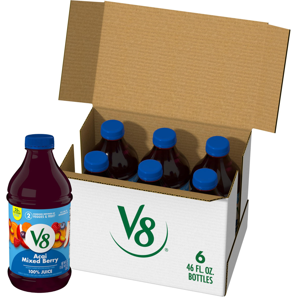 V8 Acai Mixed Berry 100% Fruit and Vegetable Juice, 46 fl oz Bottle (6 Pack)