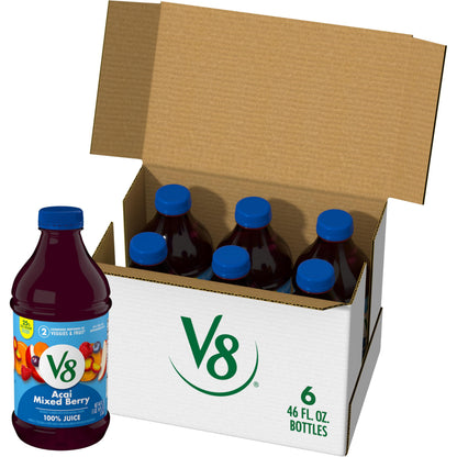V8 Acai Mixed Berry 100% Fruit and Vegetable Juice, 46 fl oz Bottle (6 Pack)