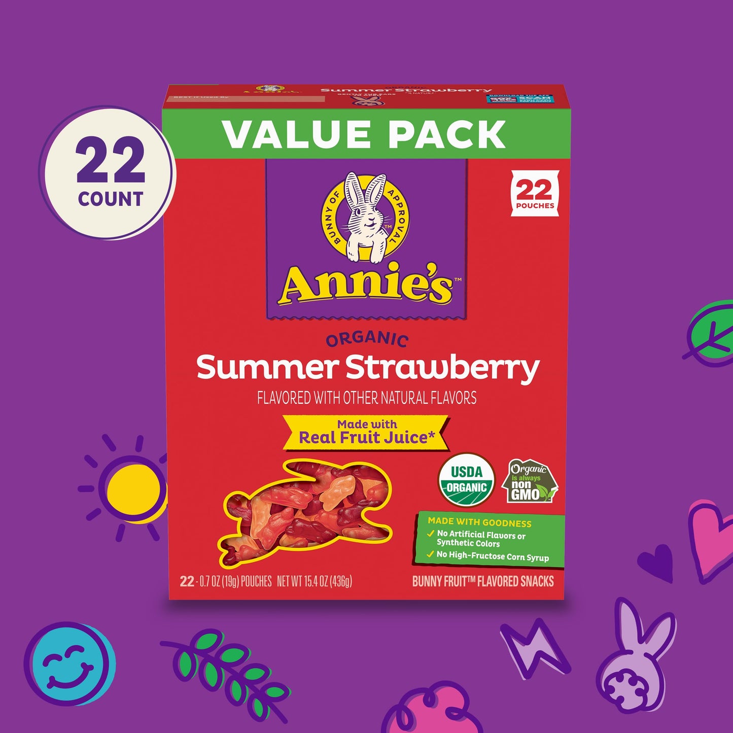 Annies Organic Bunny Fruit Flavored Snacks, Summer Strawberry, Gluten Free, Value Pack, 22 Pouches, 15.4 oz