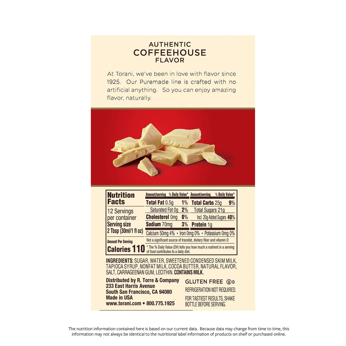 Torani Puremade Sauce, White Chocolate, 16.5 Ounces (Pack of 4)