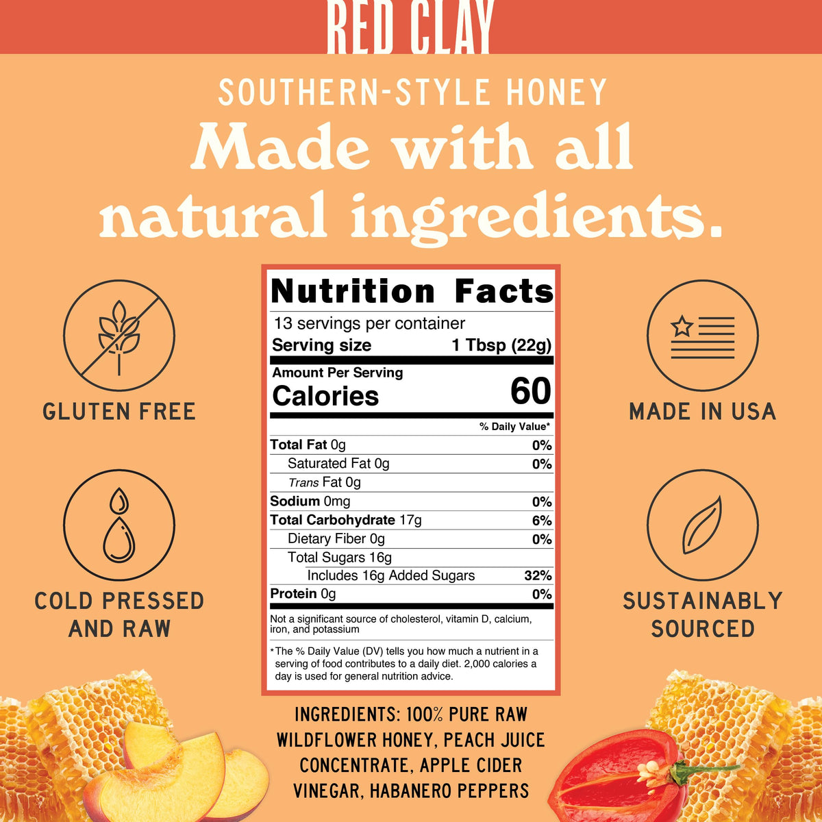 Hot Spicy Peach Honey by Red Clay Hot Sauce, Gluten Free, Paleo Friendly, Raw Wildflower Honey Infused with Real Peach Juice and