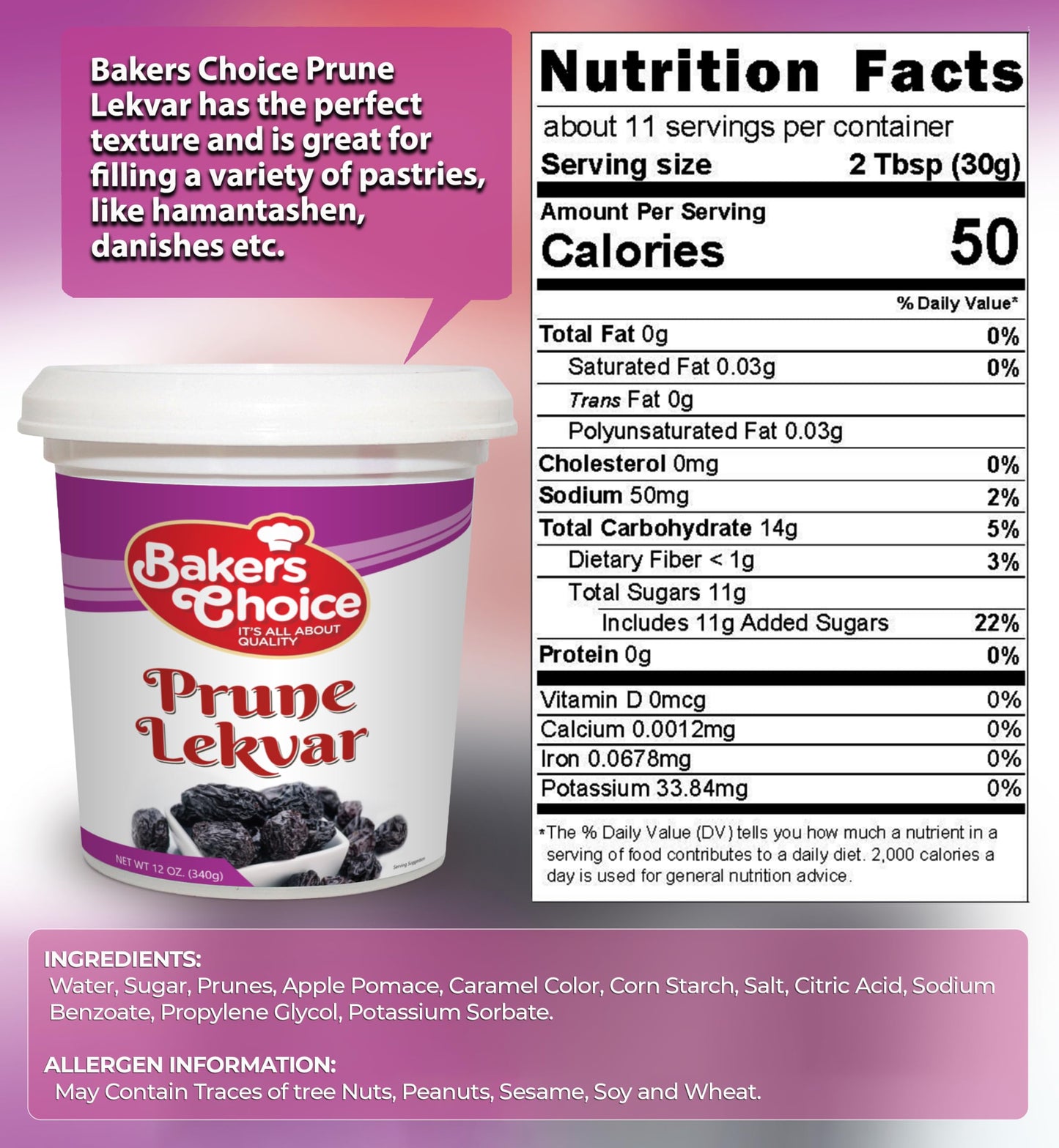 Bakers Choice Prune Butter Lekvar Pastry Filling - Dairy-Free, Vegan, 12 oz.