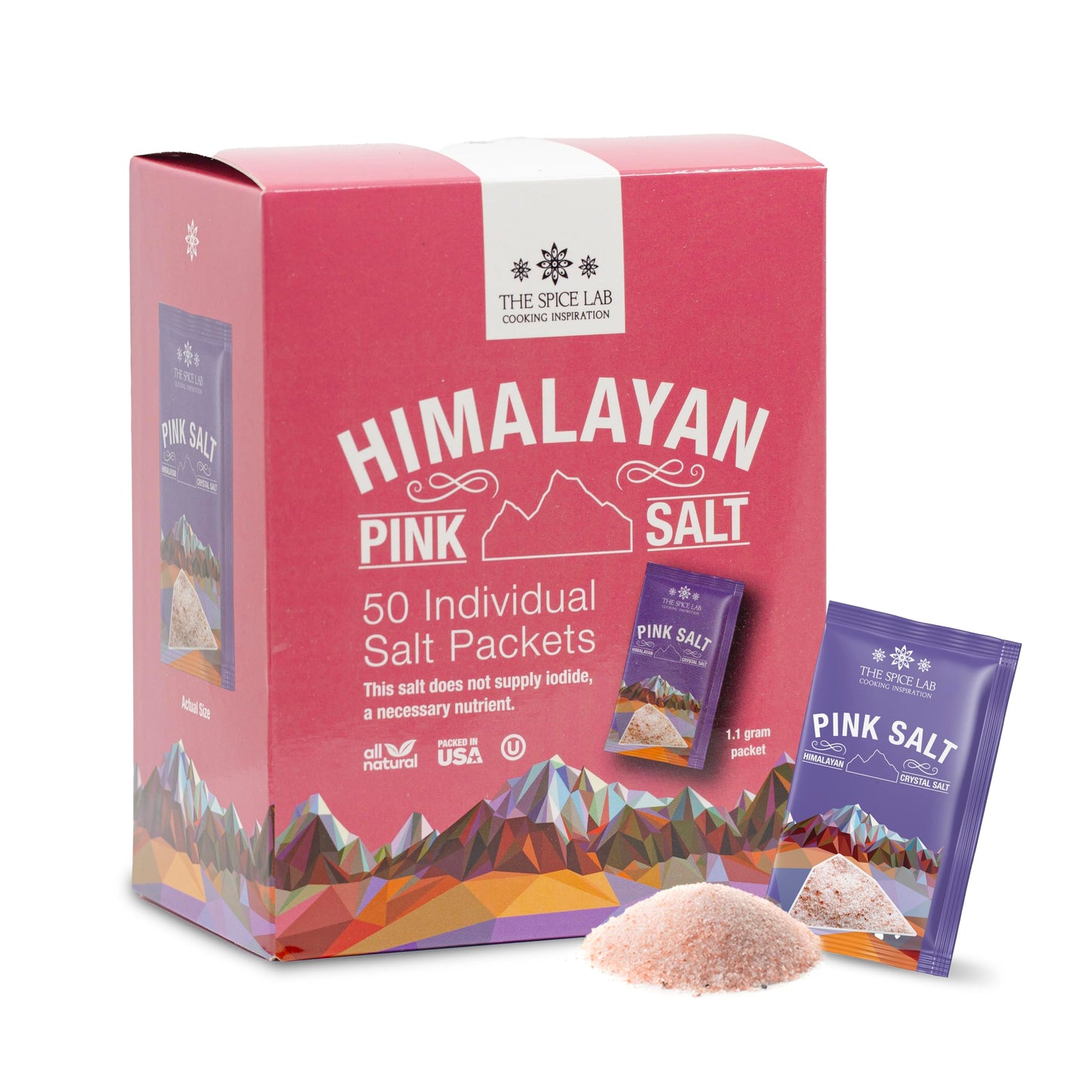 The Spice Lab Himalayan Pink Salt Packets - Gourmet Pure Crystal - 50 Pack - 0.03 Ounce Each - Kosher & Natural Certified - Pink