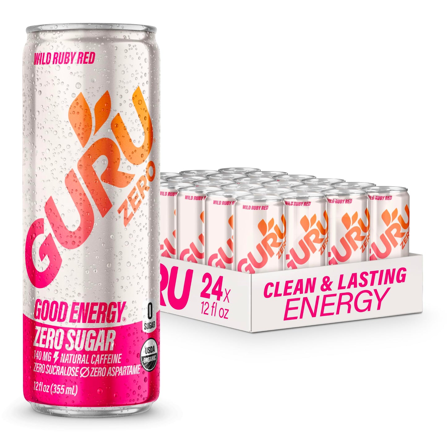 GURU Energy Drink Wild Ruby Red, Zero Sugar, Plant-Based Caffeine, 12 Fl Oz (Pack of 24)