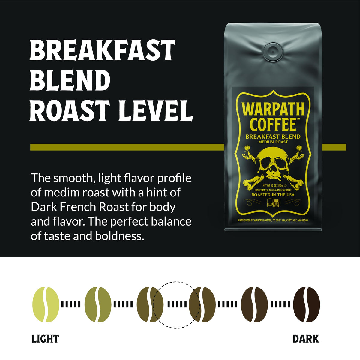 Warpath Coffee Whole Bean Coffee Medium Roast, Breakfast Blend, High Caffeine, Extra Strong Roasted 100% Arabica Coffee Beans Whole, Rich Aroma, Full Bodied Intense Cup, Created By Navy Seals, 12Oz