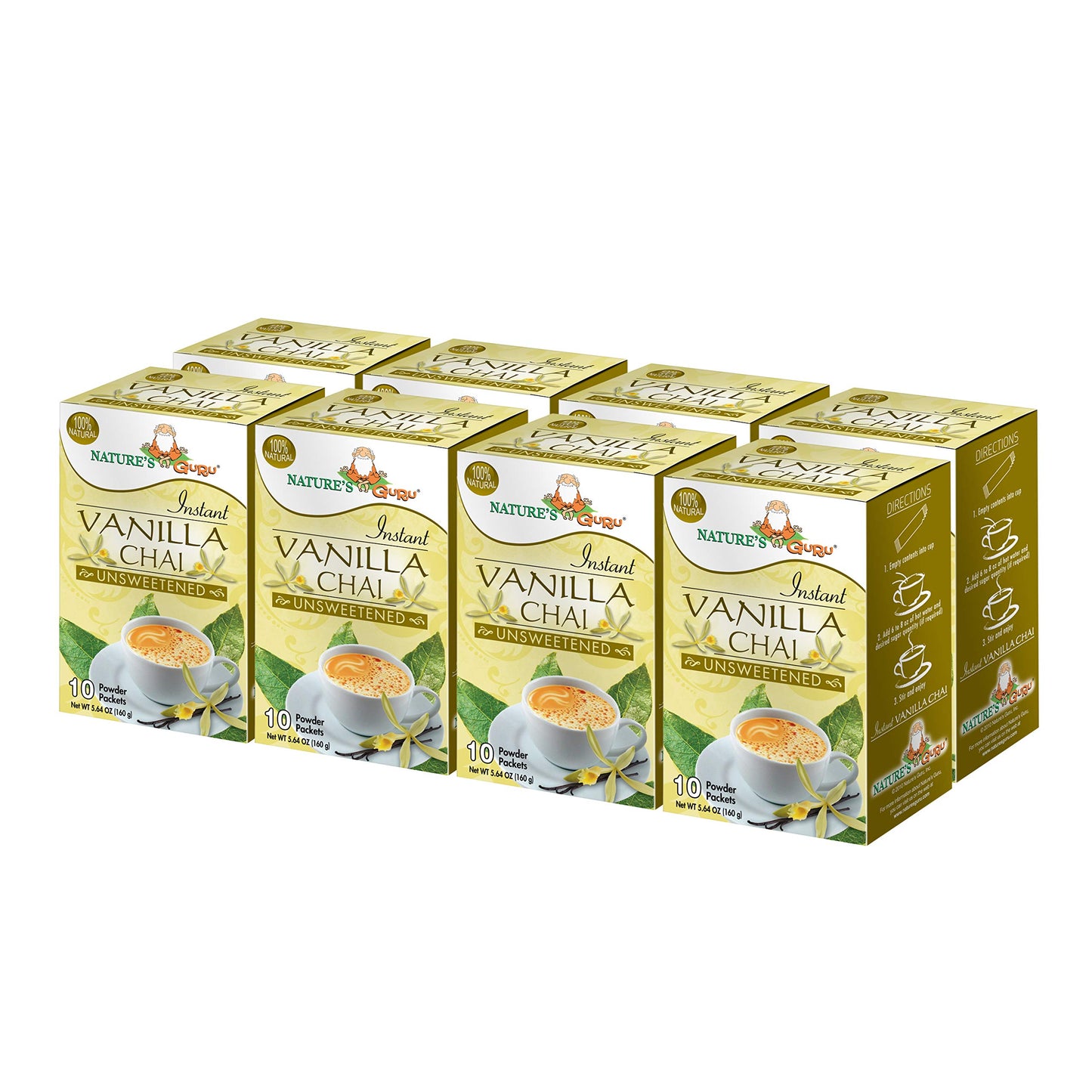 Nature's Guru Instant Vanilla Chai Tea Drink Mix Unsweetened 10 Count Single Serve On-the-Go Drink Packets (Pack of 8)