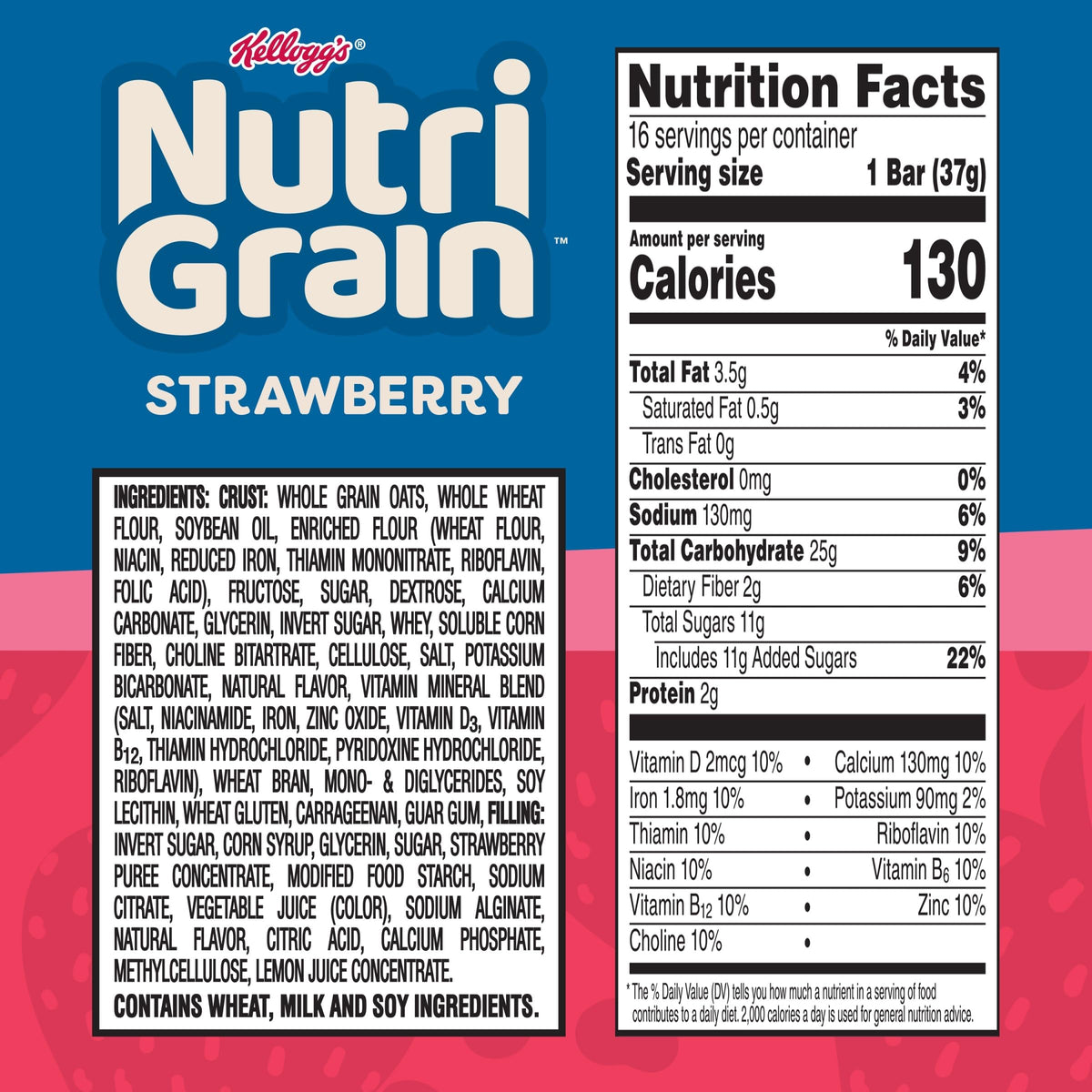 Nutri-Grain Breakfast Bars, Made with 10g Whole Grains, Snack Bars, Strawberry, 20.8oz Box (16 Bars)