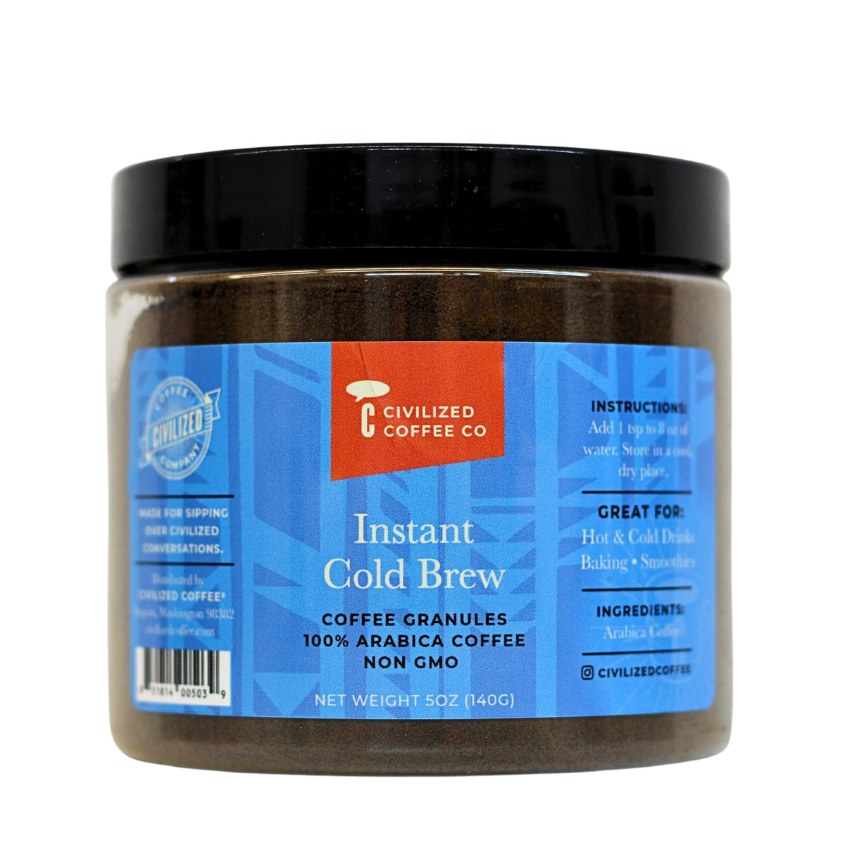 Civilized Coffee Instant Cold Brew Coffee Granules Medium Dark Roast Non-Gmo Jar (5 Oz)