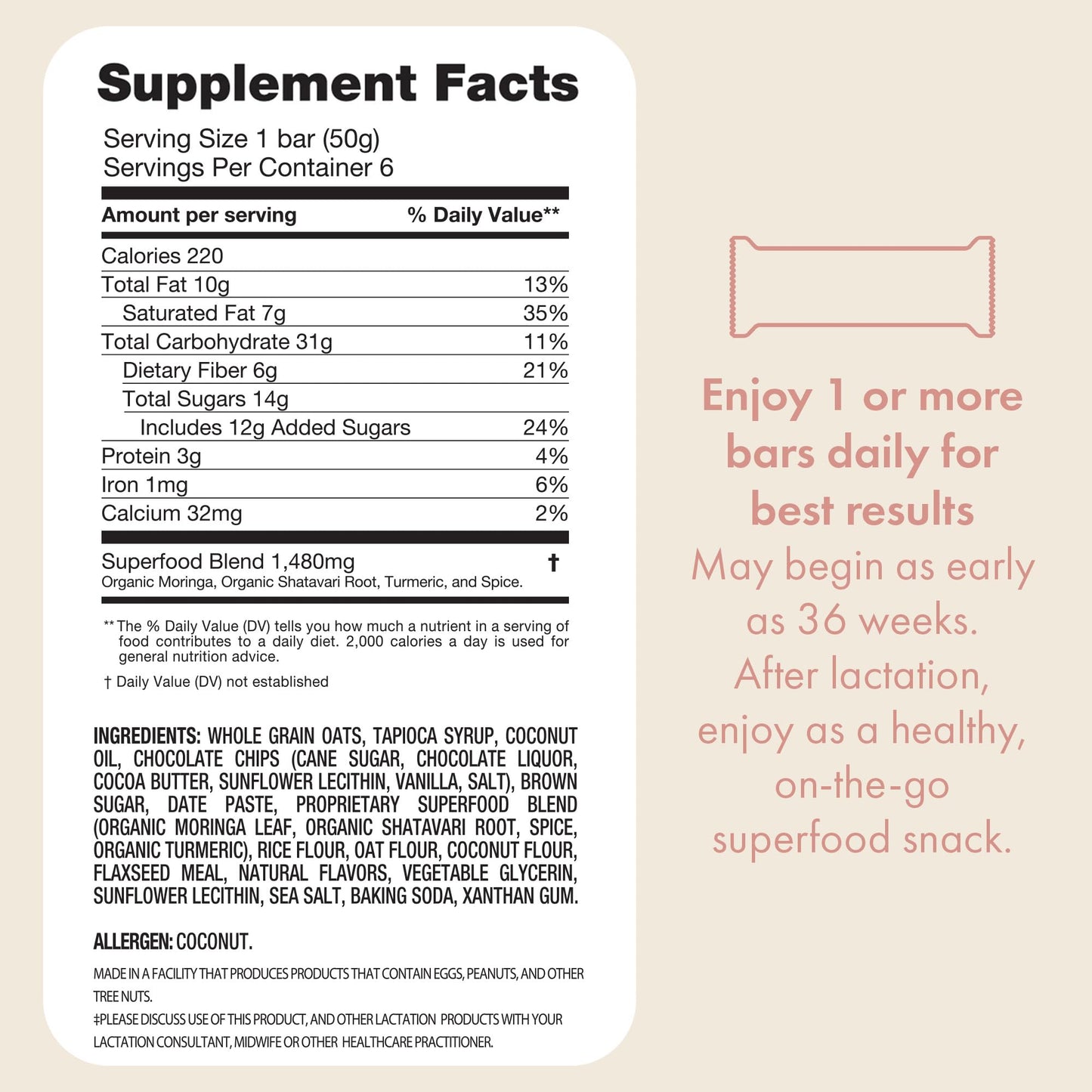 Boobie Bar Superfood Oatmeal Chocolate Chip Lactation Bar For Breastfeeding Moms To Increase Milk Supply | #1 Selling Lactation Snack Bars | Vegan, Fenugreek-Free, Gluten-Free, Dairy-Free (6 Bars)