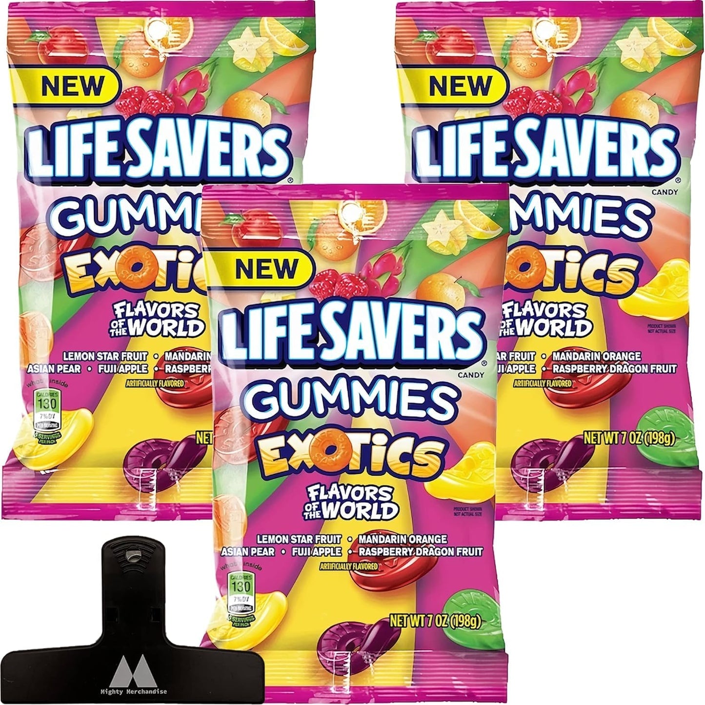 Lifesavers Exotics Candy Gummies - 7 oz Bags (Pack of 3) - With Mighty Merchandise Bag Clip