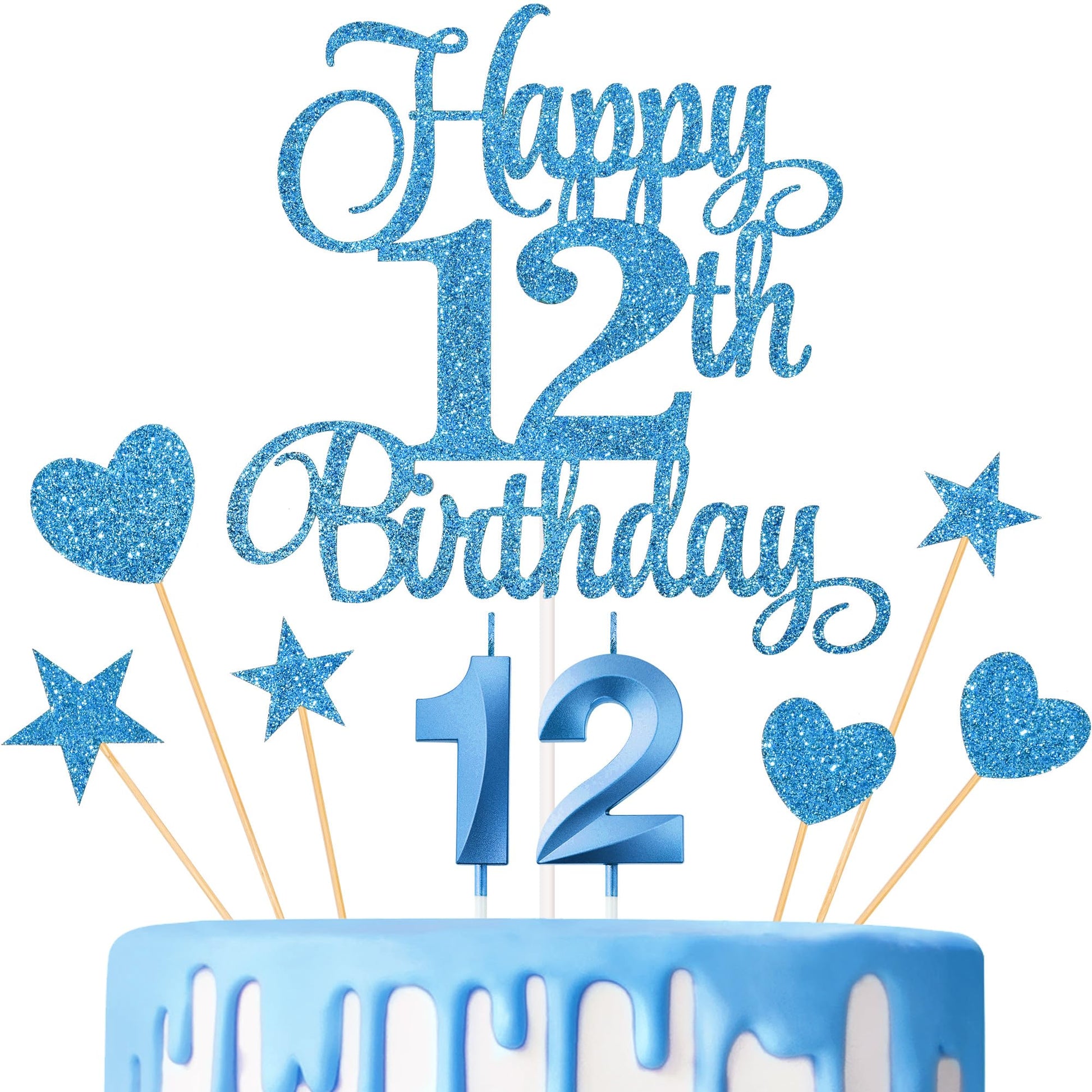 Lecferrarc 12th Birthday Cake Decorations Set, Blue Glitter Happy 12th Birthday Candles and Toppers