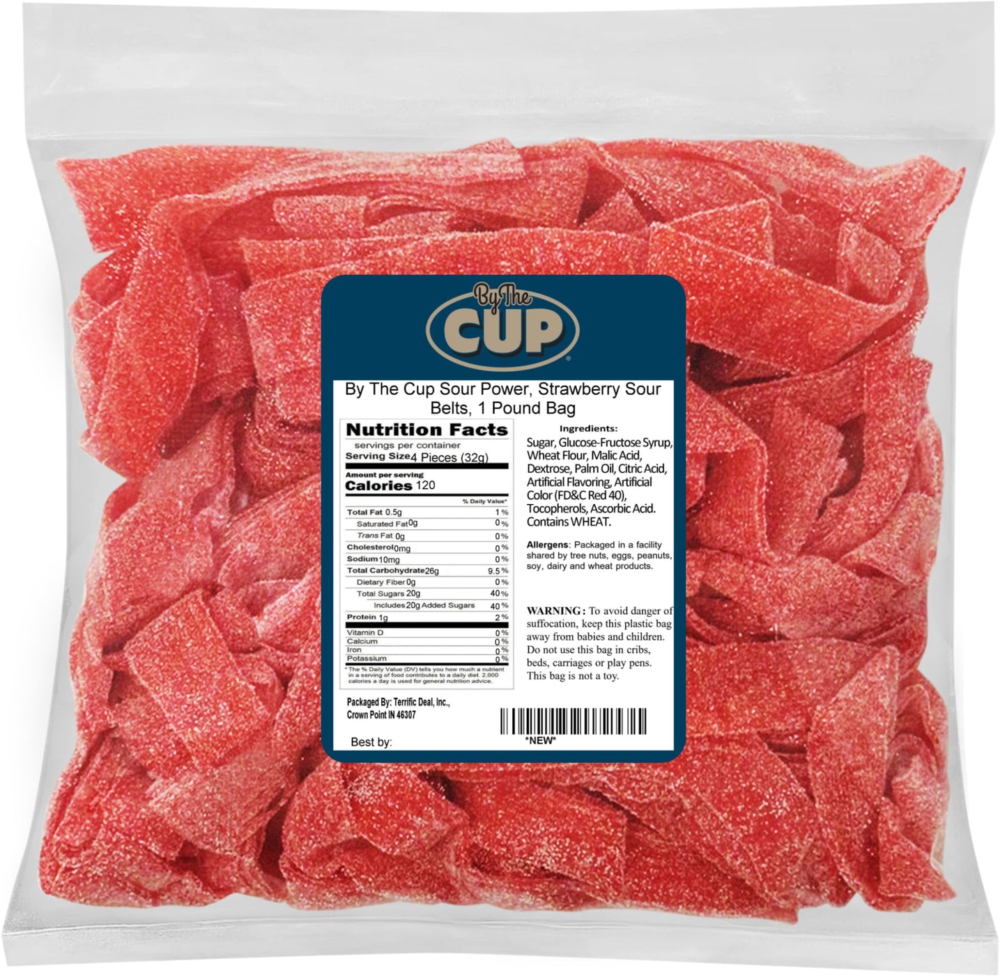 By The Cup Sour Power Strawberry Sour Belts, 1 Lb Bulk Bag