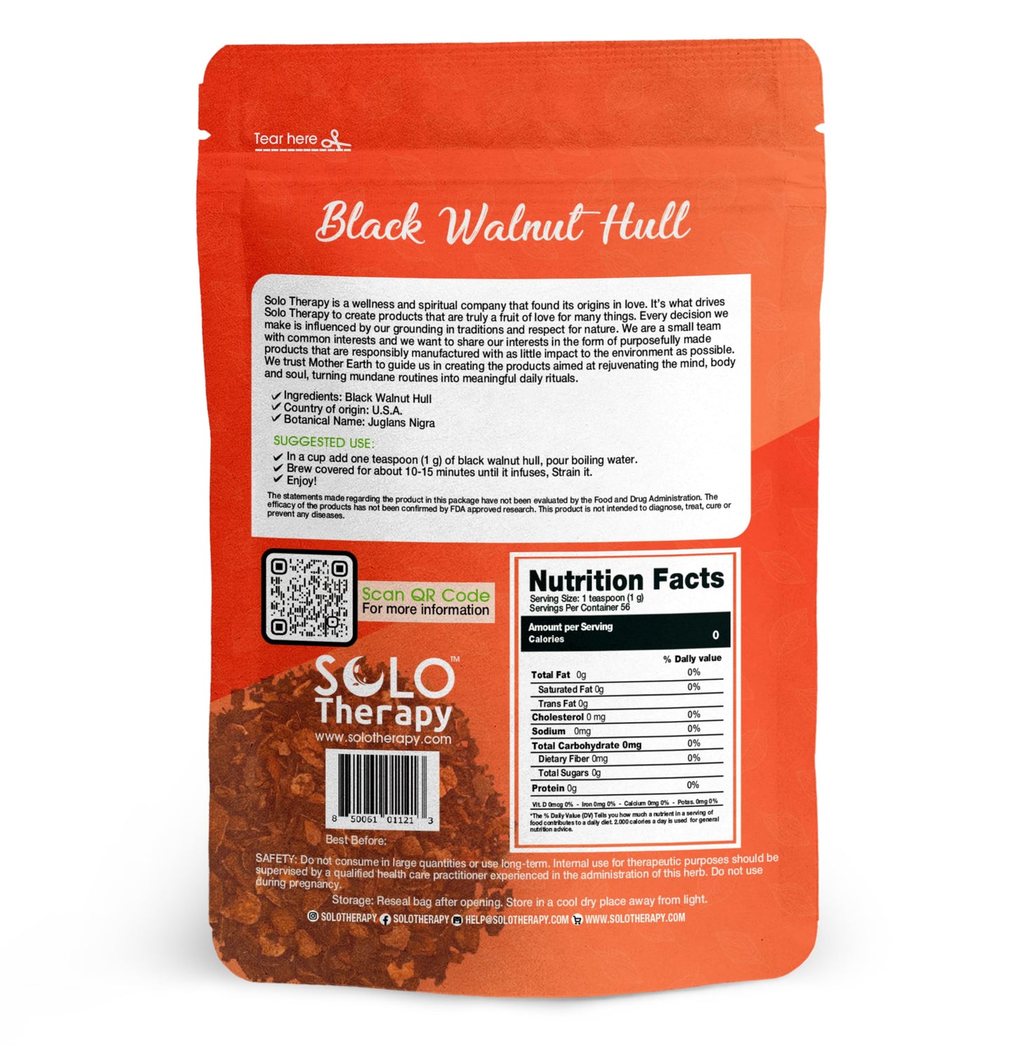 Solo Therapy Black Walnut Hull Tea - Cut and Sifted - 56 grams - Premium Quality - Resealable Bag - Juglans nigra