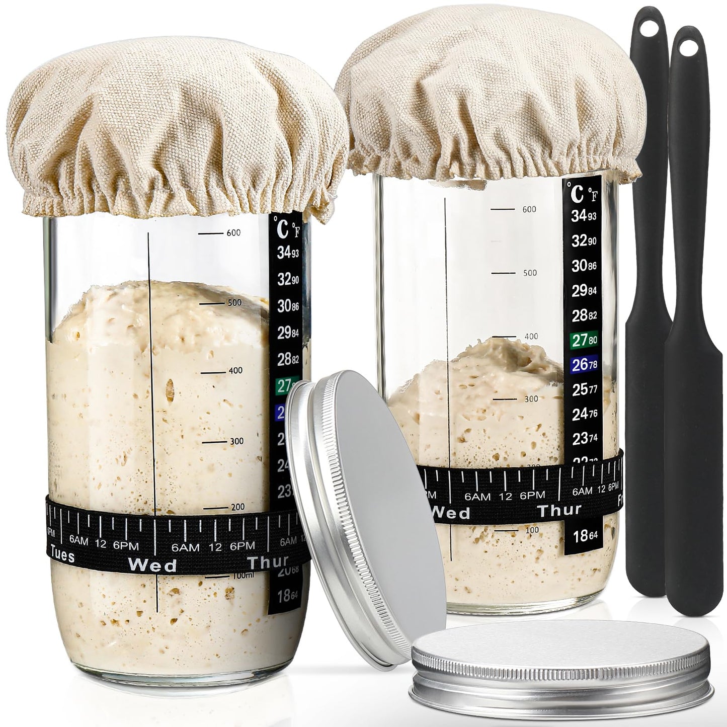 DWTS DANWEITESI Sourdough Starter Kit with Feeding Band, Thermometer, Jar Scraper, Cloth Cover & Aluminum Lid, 24oz-2pcs
