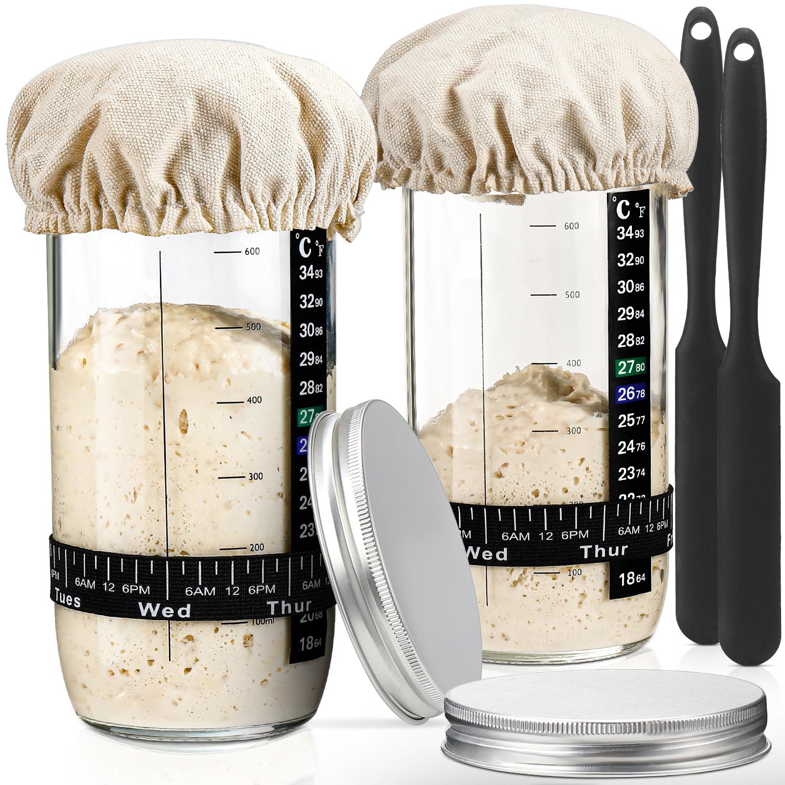 DWTS DANWEITESI Sourdough Starter Kit with Feeding Band, Thermometer, Jar Scraper, Cloth Cover & Aluminum Lid, 24oz-2pcs