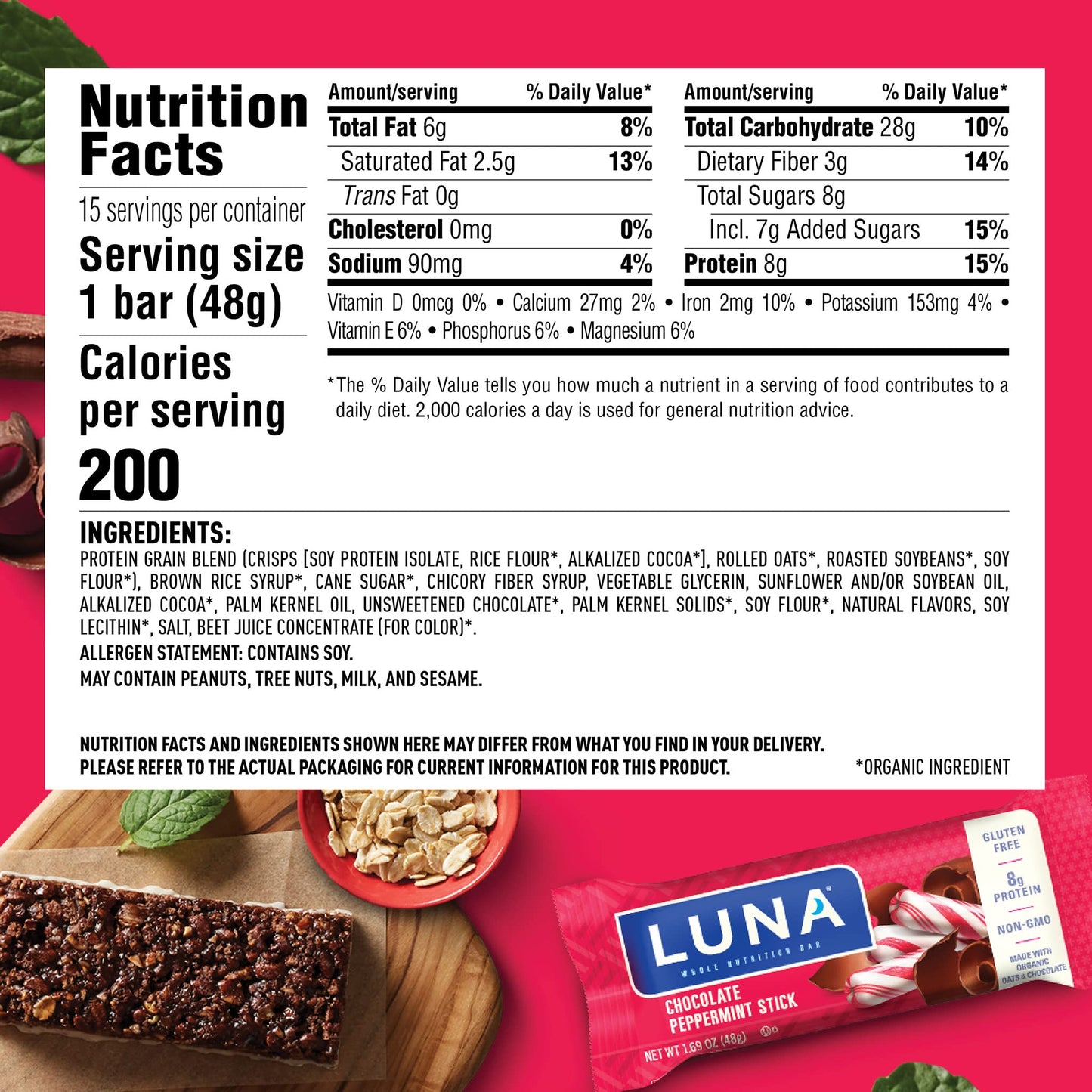 Luna Bar - Gluten Free Snack Bars - Chocolate Peppermint Stick -8G Of Protein - Non-Gmo - Plant-Based Wholesome Snacking - On Th