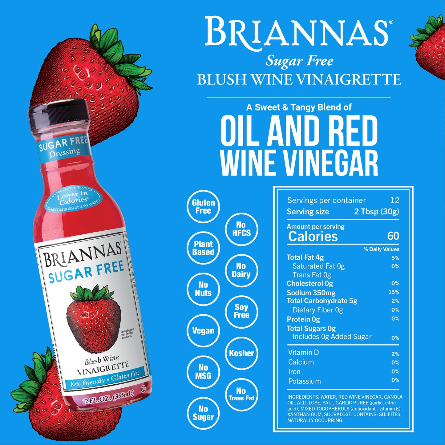 Briannas Sugar Free Rich Poppy Seed Dressing & Blush Wine Vinaigrette, 12 oz. Bottles, Gluten Free, Kosher, Pack of 3