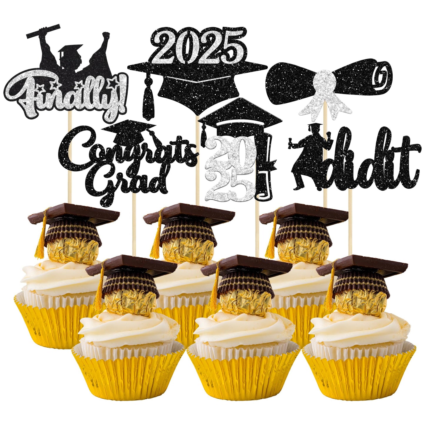 Gyufise 24Pcs Graduation Cupcake Toppers 2025 Silver Glitter Class of 2025 Cupcake Toppers Supplies Diploma I Did it Congrats Gr