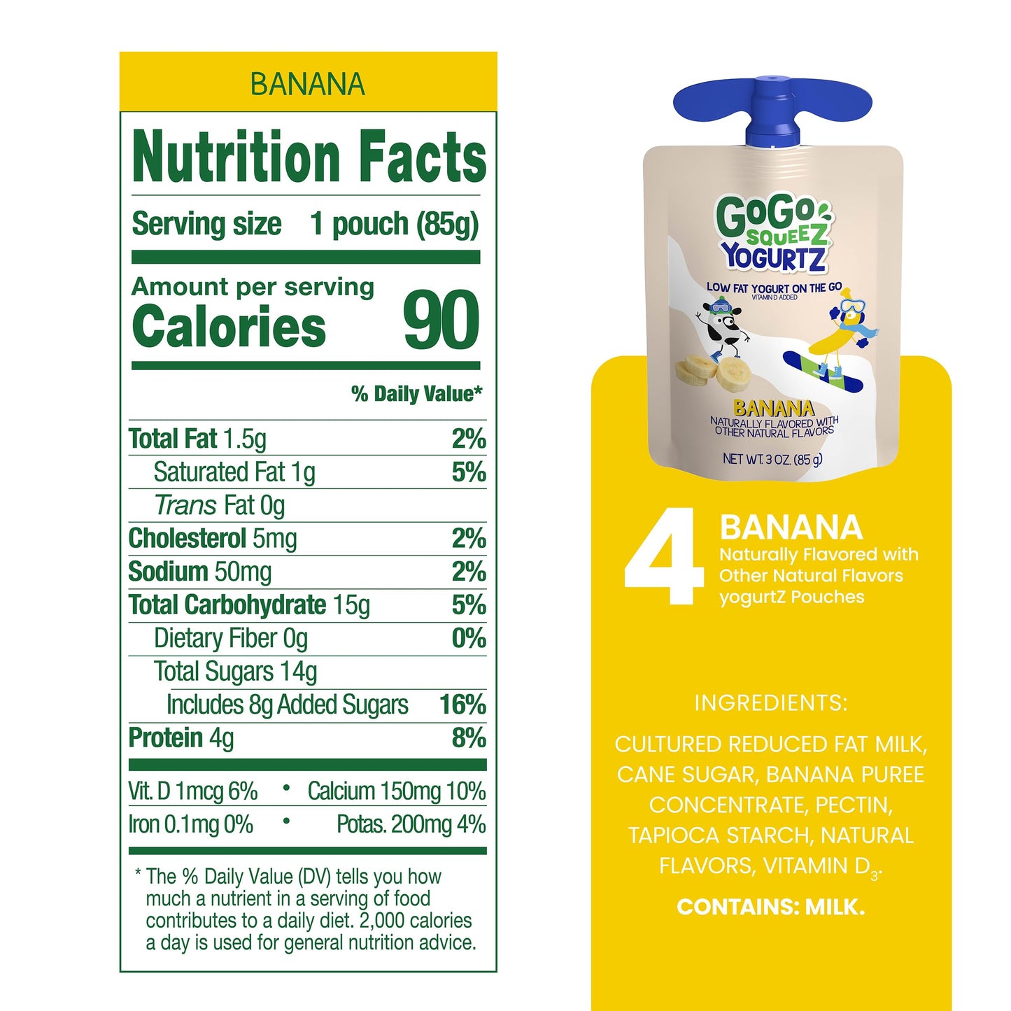 GoGo SqueeZ YogurtZ Kids Snacks, Banana, 3 oz (Pack of 4), Gluten Free, BPA Free Pouches
