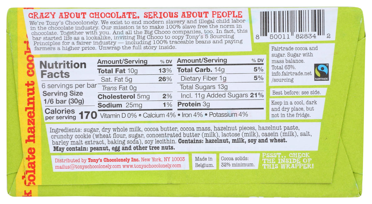 TonyS Chocolonely Milk Chocolate Bar With Hazelnut And Cookie, 6.35 Oz