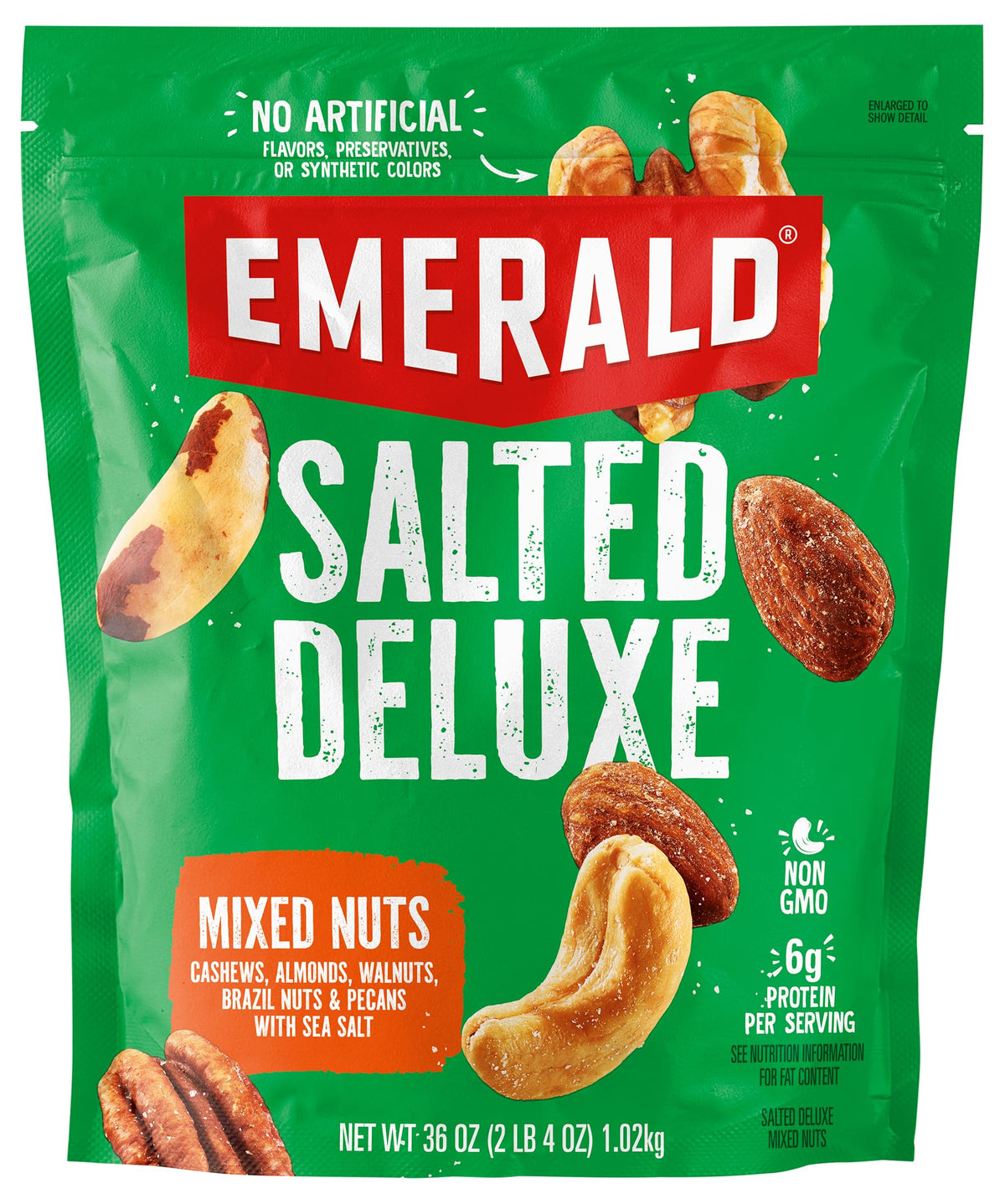 Emerald Salted Deluxe Mixed Nuts (1-Pack) | 36oz Resealable Bulk Bag | Features Cashews, Almonds, Walnuts, Brazil Nuts, Pecans |