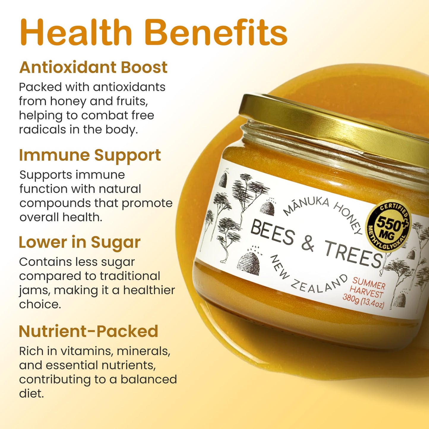 Bees & Trees Manuka Honey 550+ MGO - Pure New Zealand Raw Monofloral Honey - Unpasteurized & Natural - 380g (13.4oz) Glass Jar -