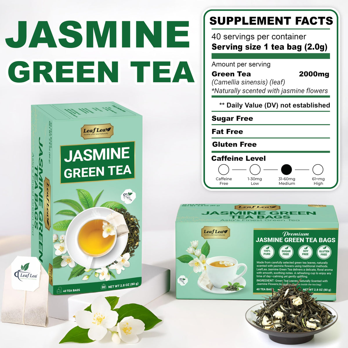 LeafLea 40 Jasmine Green Tea Bags  enhanced Green Tea Scented with Jasmine Flowers for Gentle Support & Light Alertness  Floral Smoothness  Caffeinated  Sugar-Free  Non-GMO  Vegan  Individually Wrapped