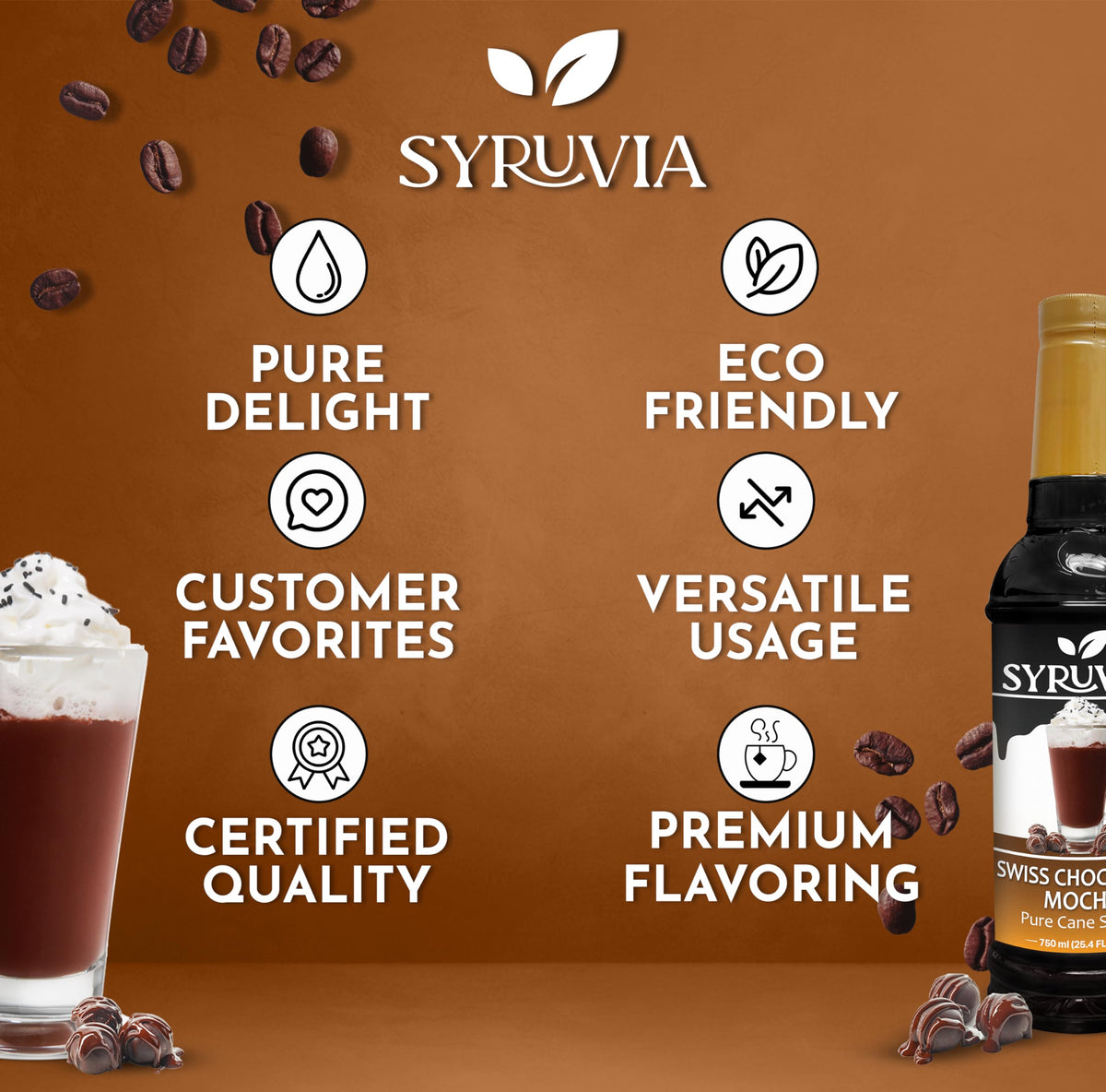 Syruvia Swiss Chocolate Mocha Syrup - 25.4 Fl Oz Premium Coffee Flavoring Syrup - Kosher Coffee Syrups, Gluten Free, No Coloring