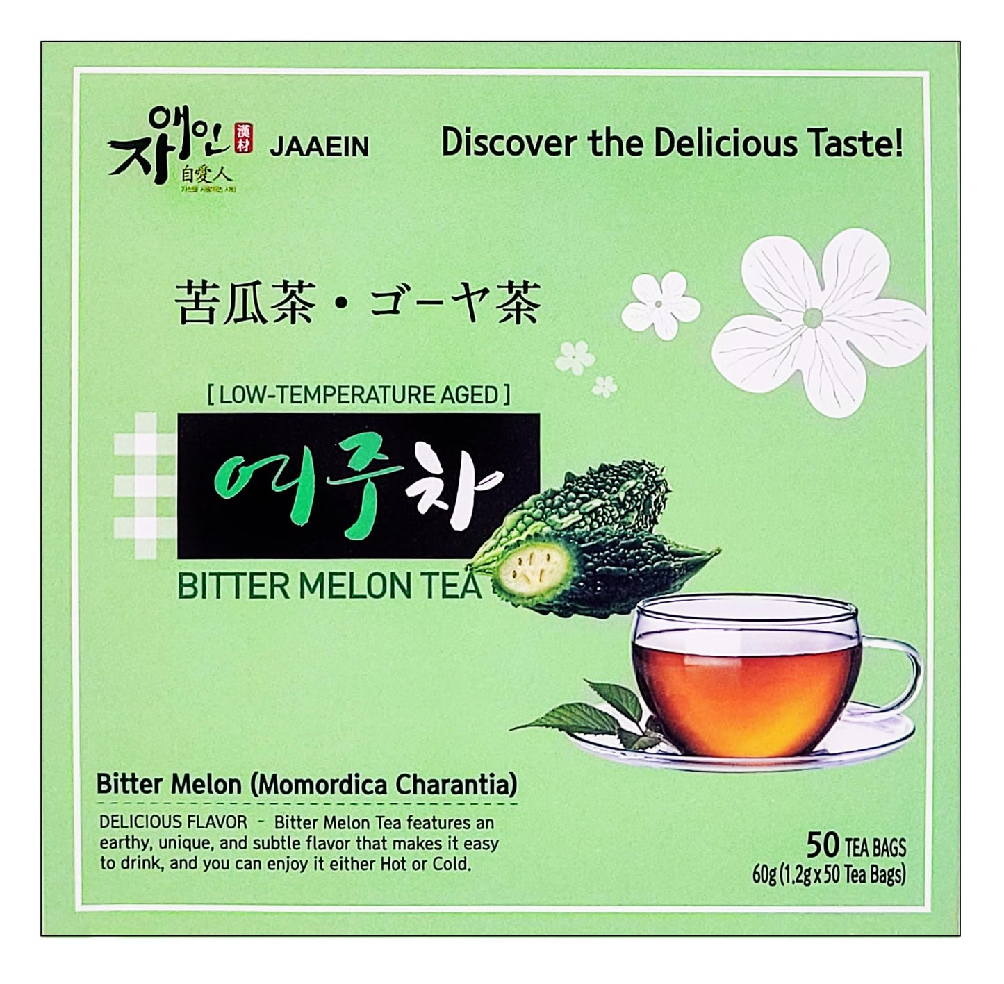 JaAeIn Bitter Melon Tea - 100% Natural Korean Gohyah Fruit Tea, Caffeine-Free, Vegan, 50 Tea Bags