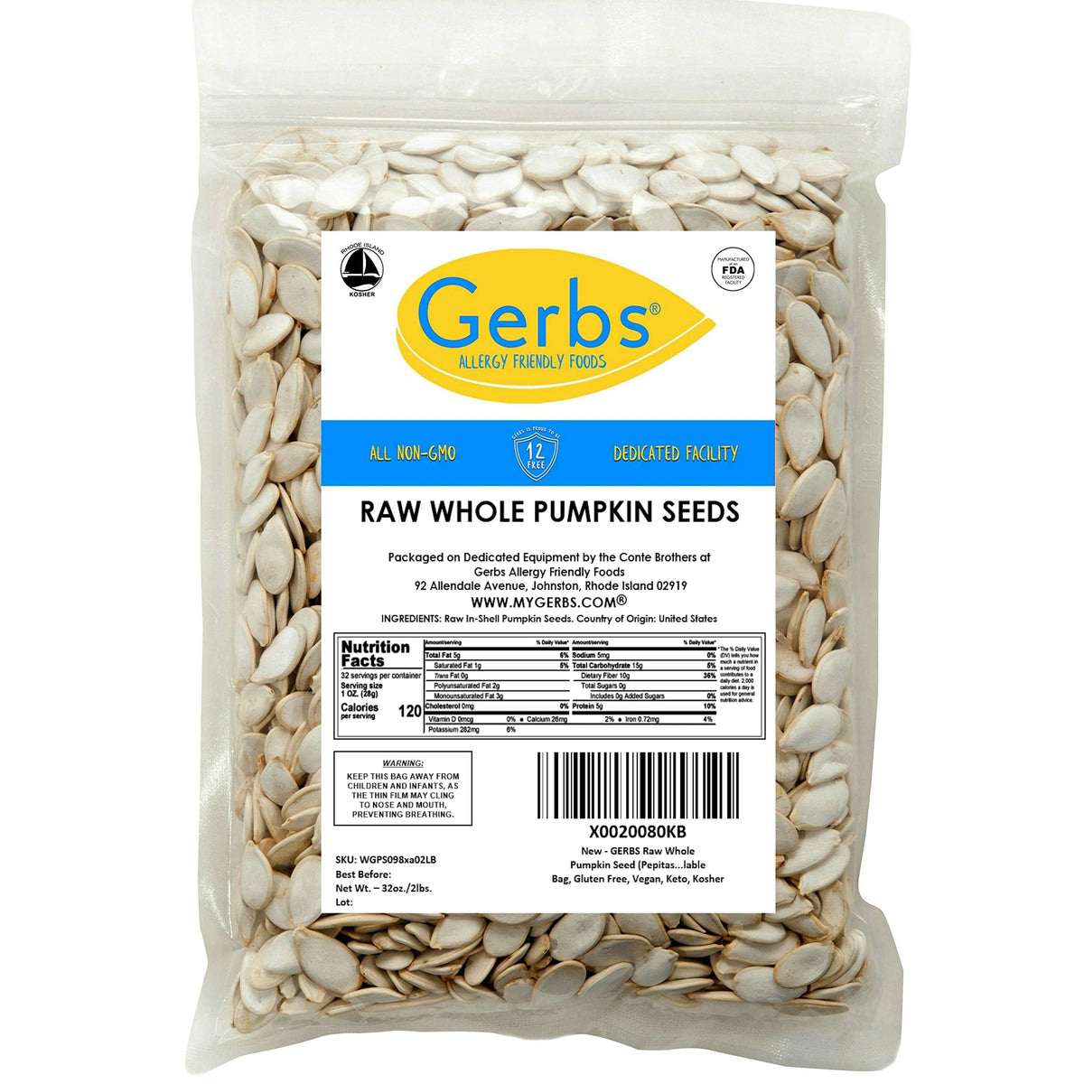 GERBS Raw Whole Pumpkin Seed 2 LBS, Top 14 Allergy Free, Healthy protein packed Superfood Snack, Non GMO, Grown USA & Packaged o