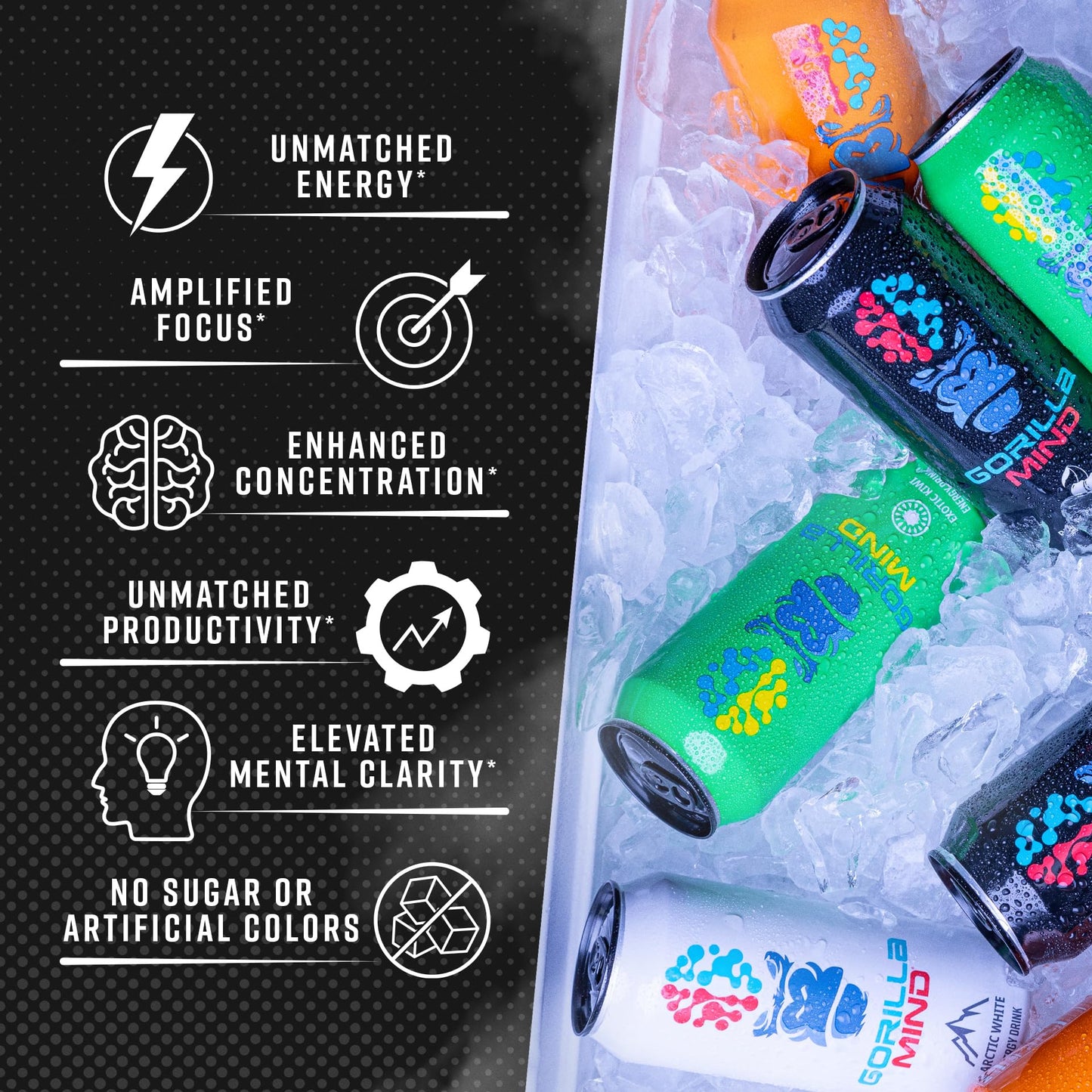Gorilla Mind Energy Drink | Unmatched Energy  Amplified Focus | N-Acetyl-L-Tyrosine  Alpha-GPC  200mg Caffeine  Uridine  Saffron | 0 Sugar Or Artificial Colors | 16oz  12-Pack (Orange Ice Dream)