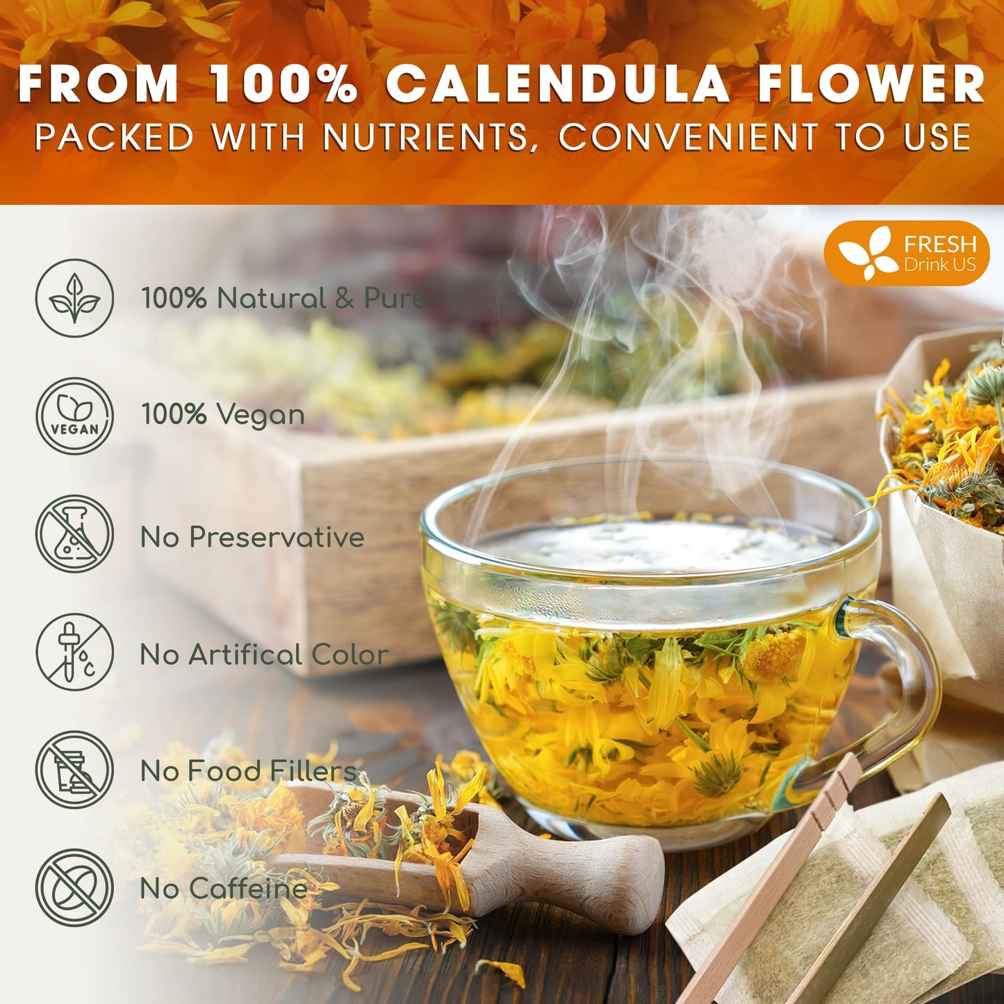 FRESHDRINKUS Premium Calendula Tea Bags - 100% Natural Herbal Tea, 135 Bags, Eco-conscious, Vegan, No Sugar, No Caffeine, No Gluten