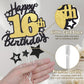 Happy 16Th Birthday Cake Topper, Black And Gold Glitter Cake Toppers, 16 Year Birthday Party Cake Decoration