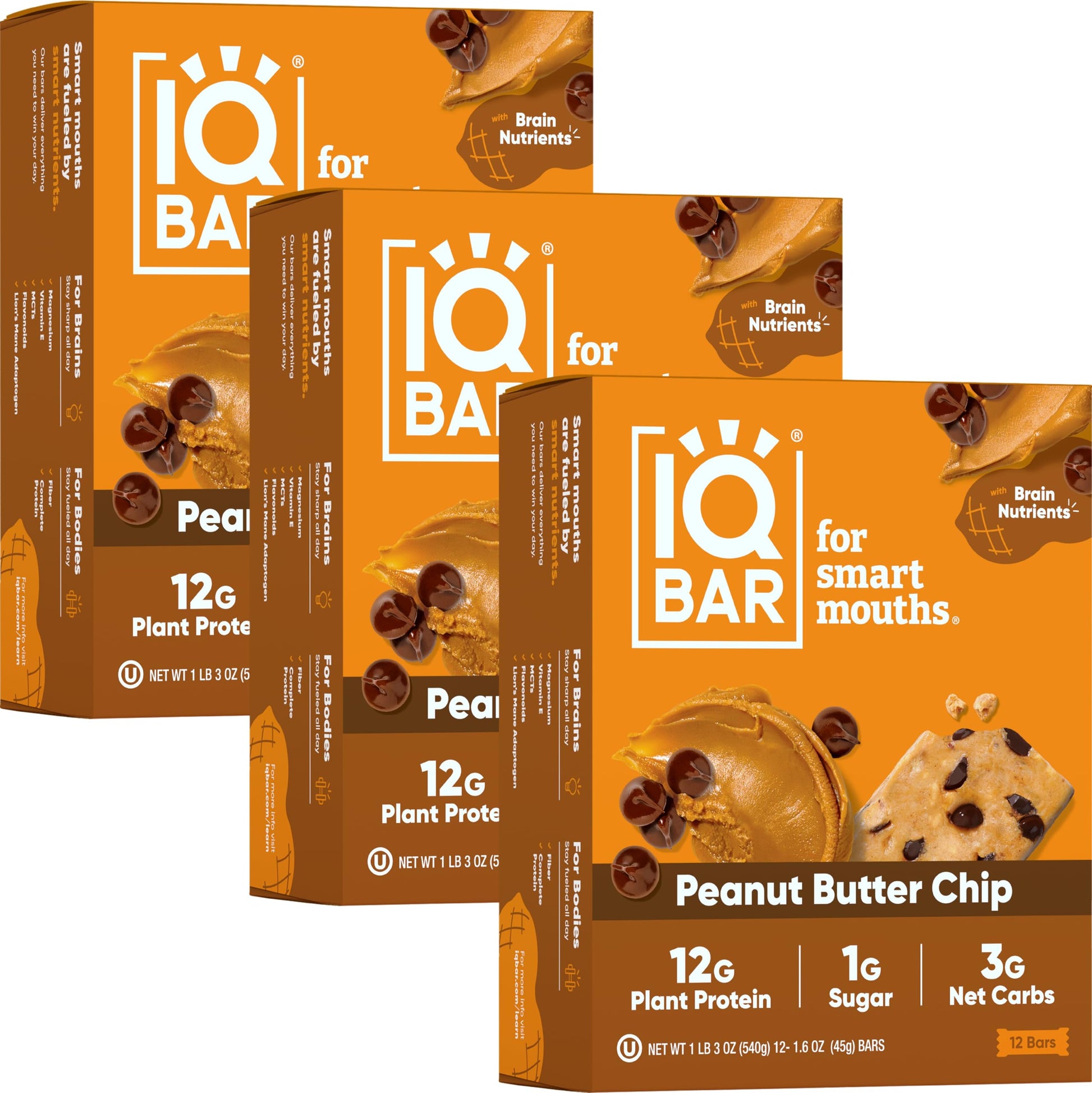 IQBAR Plant Protein Bars - Peanut Butter Chip - Gluten Free, Vegan - 12 Count (Pack of 3) - Low Carb, High Fiber, Low Sugar Snacks