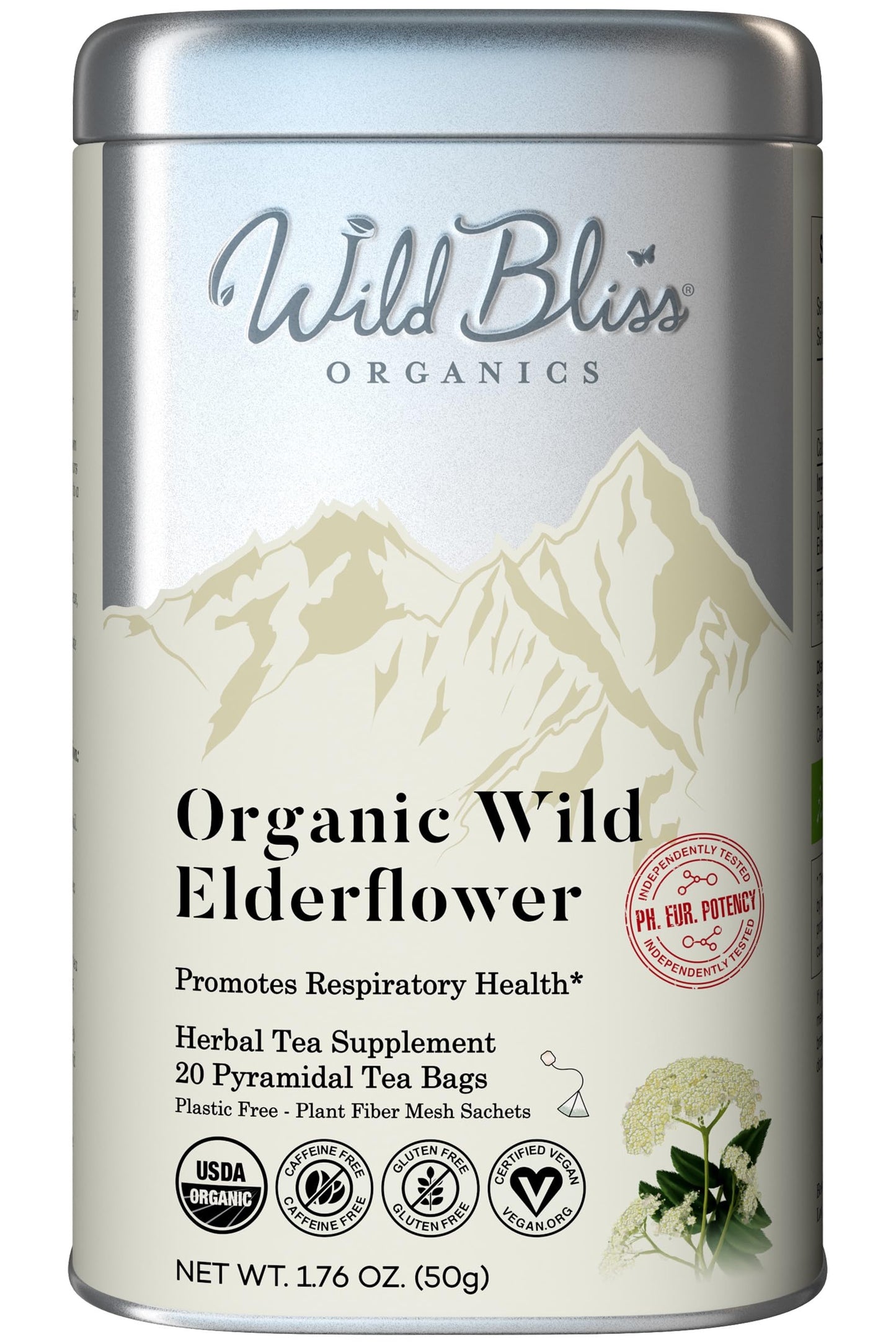 Wild Bliss Organic Elderflower Herbal Tea - Caffeine Free Tisane - 20 Plant Based Tea Bags