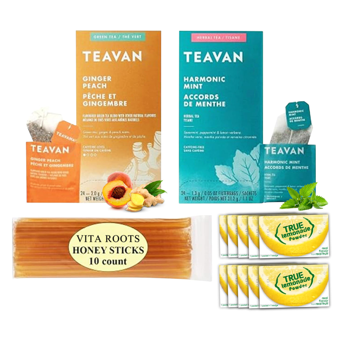 VitaRoots Teavan Harmonic Mint and Ginger Peach Tea - Medicine Ball Recipe DIY Kit - Total 48 Tea Bags (24 Each) Plus 10 Pure Ho