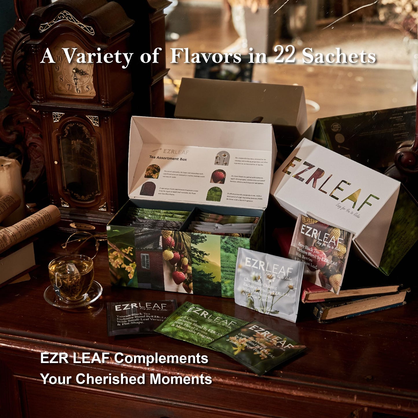 Ezr Leaf Tea Sampler Gift Box – 22 Pyramid Tea Bags With Taiwan Black, Osmanthus Oolong, Chamomile Oolong, Berry Black, Four Seasons Green – Flavored Assorted Tea Set For Gifting & Tasting