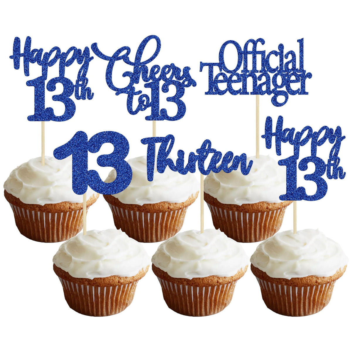 30 Pack Happy 13Th Birthday Cupcake Toppers Dark Blue Glitter 13 Official Teenager Cheers To 13 Years Old Birthday Cupcake Picks