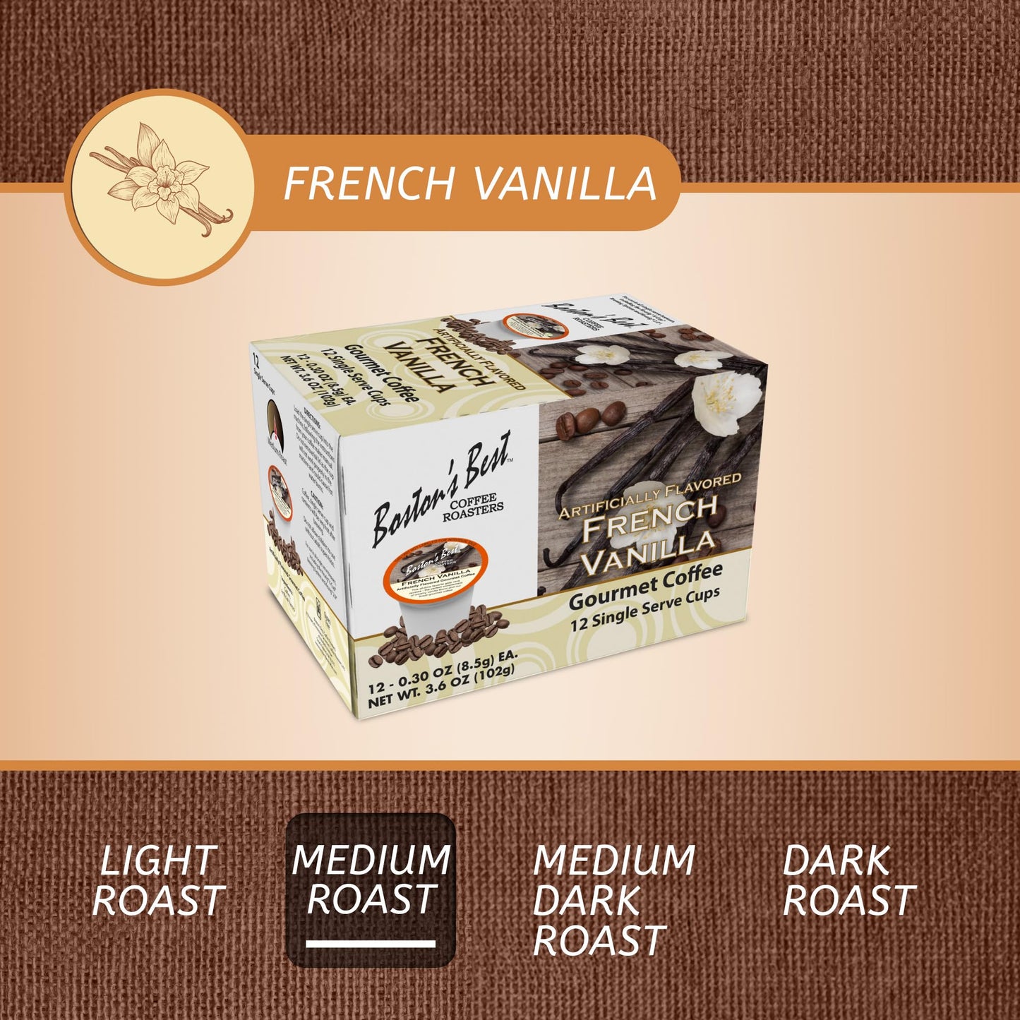 Bostons Best French Vanilla Coffee Pods, Medium Roast, 12 Single Serve Cups, Compatible with Keurig Coffee Maker, Model 017809009318