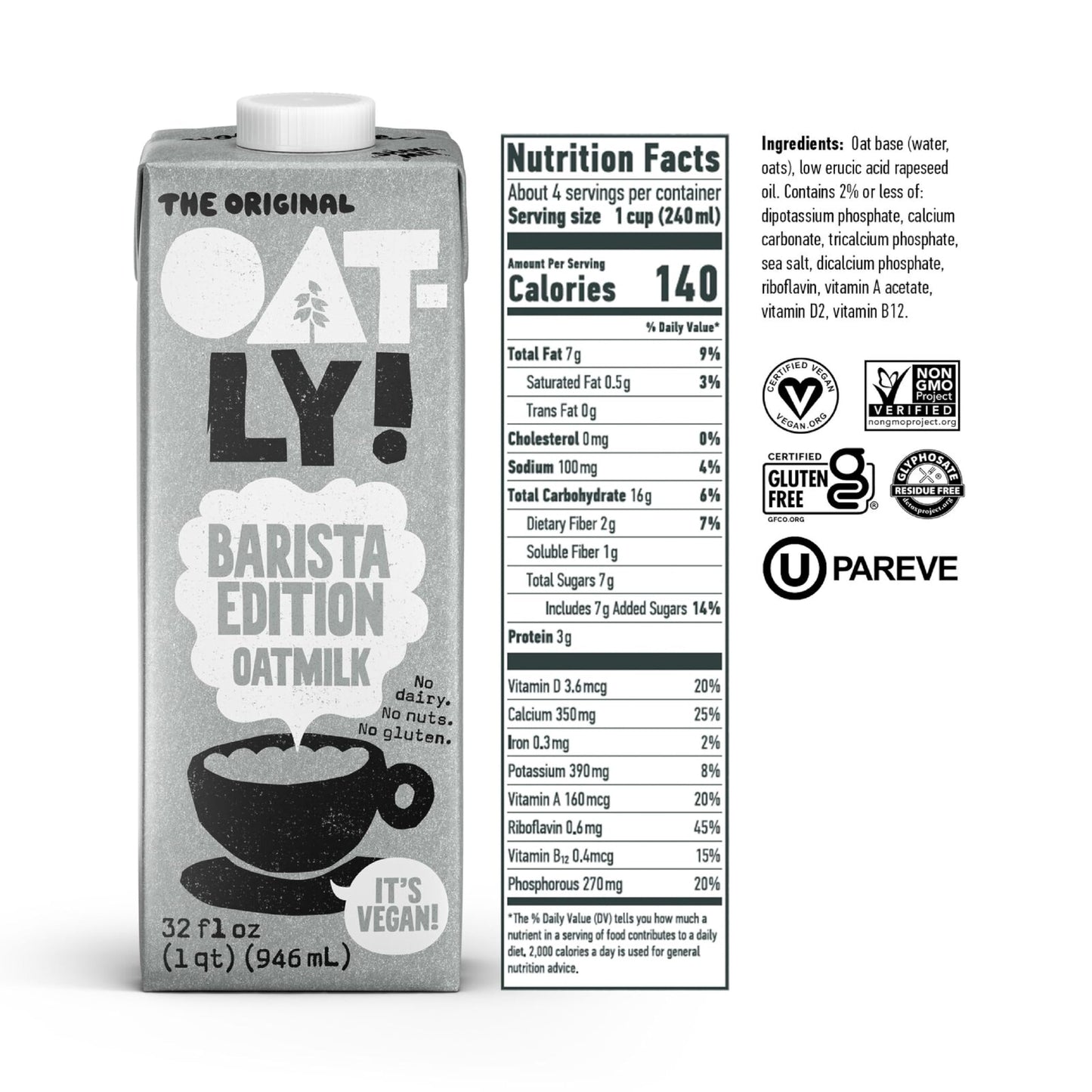 Oatly Barista Edition Oat Milk - Crafted for Coffee | Dairy-Free  Plant-Based  Shelf-Stable Milk that makes Perfect Foam (32 oz  6-pack)