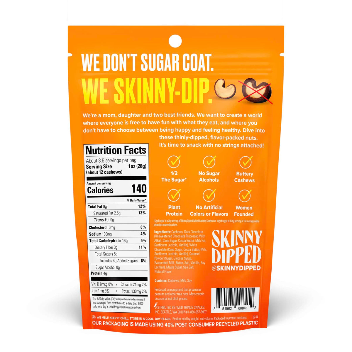 Skinnydipped Dark Chocolate Salted Caramel Cashews, Healthy Snack, Plant Protein, Gluten Free, 3.5 Oz Resealable Bags, Pack Of 1