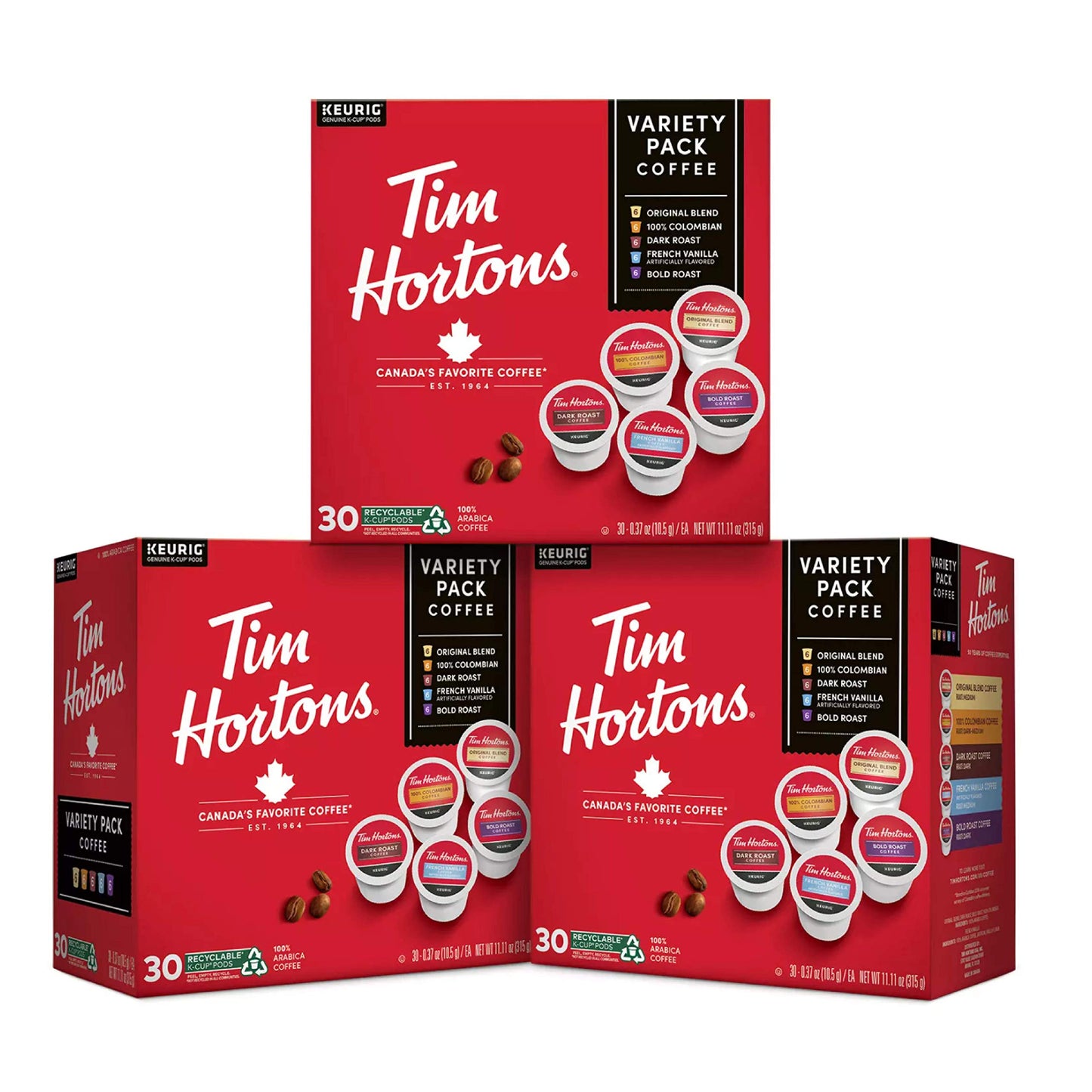 Tim Hortons Coffee Variety Pack, Single-Serve K-Cup Pods, 90ct Total, Compatible with Keurig, Red, 30 Count (Pack of 3)