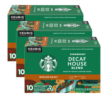 Starbucks Decaf House Blend K-Cup Pods, Medium Roast, 10 Count (Pack of 3)