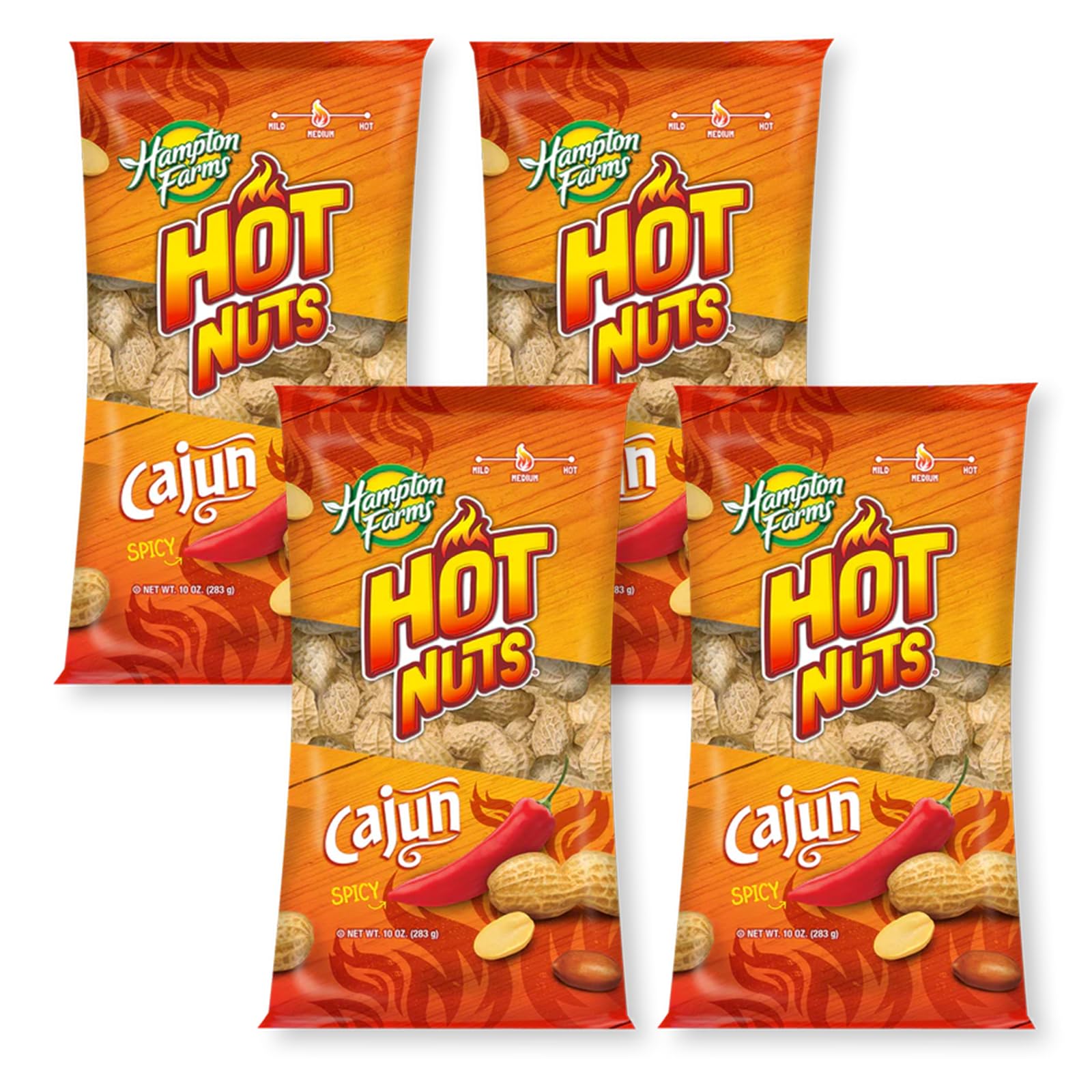 Hampton Farms - USA Grown All-Natural - Fancy Roasted In-Shell Cajun Peanuts - 10 oz. Bags - 4 Pack