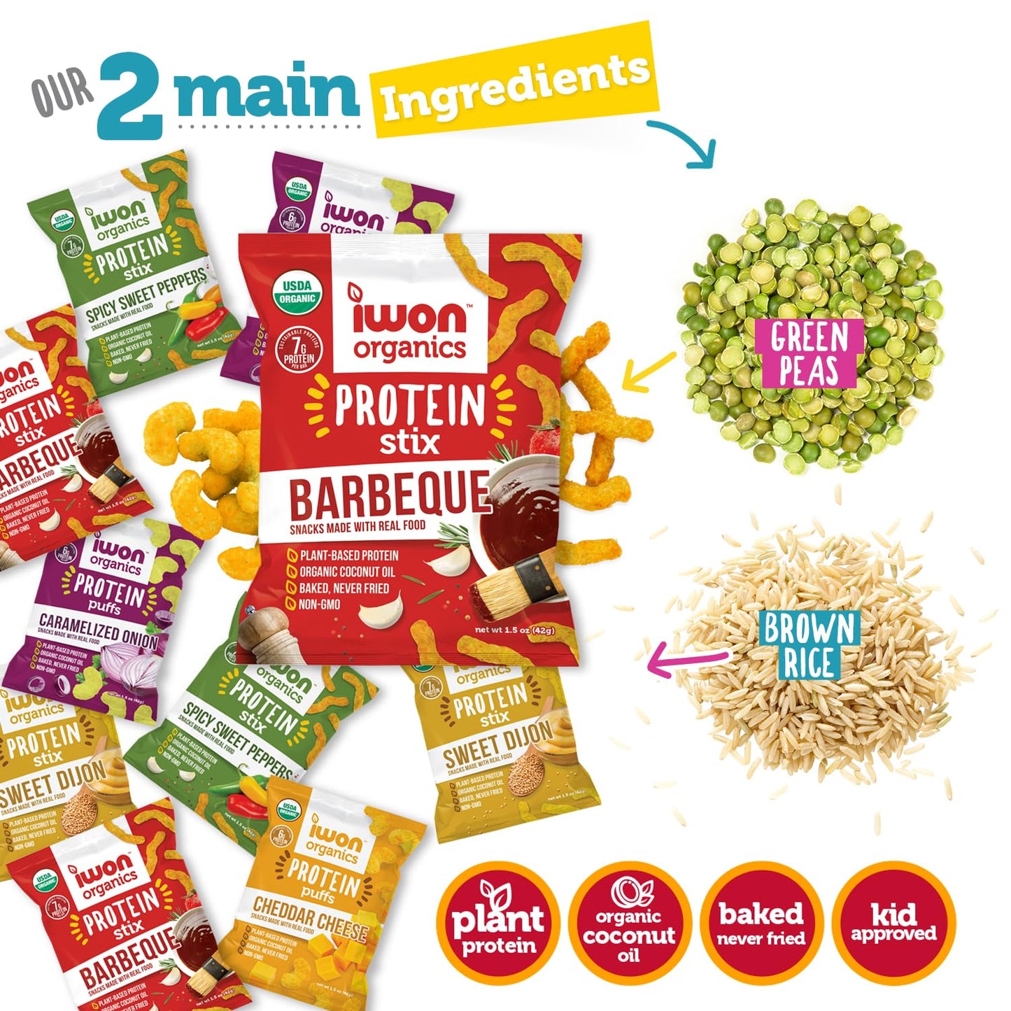 IWON Organics, Variety Pack of 8 Tasty Snacks, Protein Puffs and Snack Stix, High Protein and Organic Healthy Snacks, 5 Flavors,