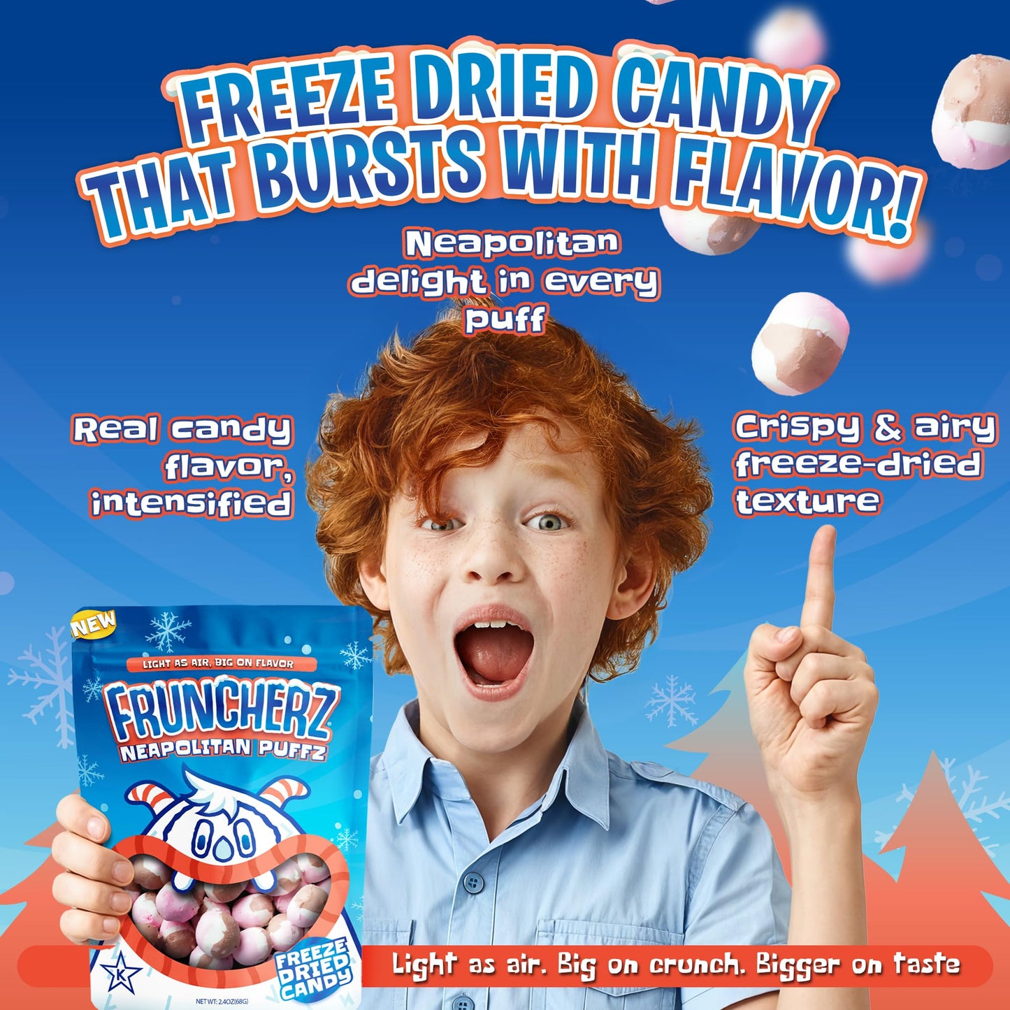 Fruncherz Neapolitan Candy Puffz - Kosher Freeze-Dried  , Light & Crunchy, 5 x 7 x 3 inches, Chocolate, Vanilla, Strawberry Flavors